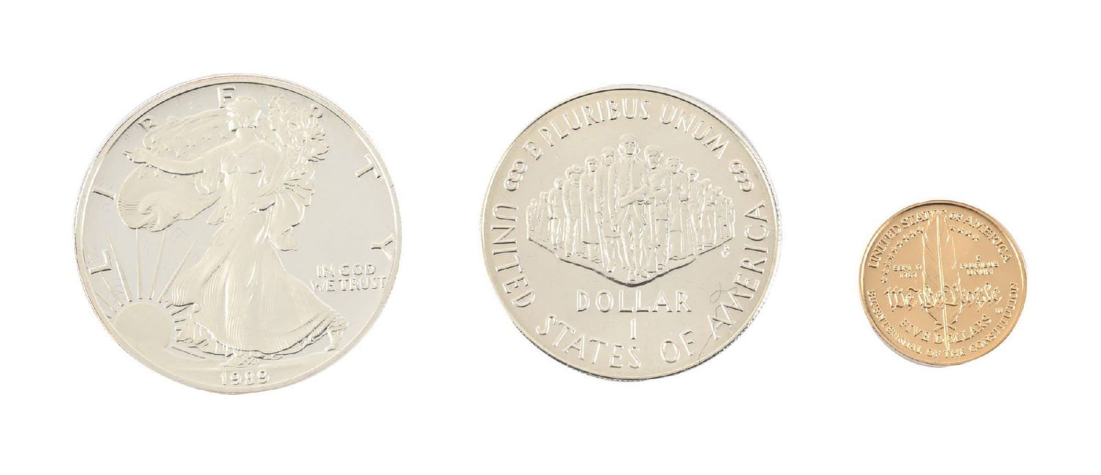 LOT OF 3: 1987 SILVER DOLLAR, US CONSTITUTION $5 GOLD COIN, ONE OZ SILVER BULLION COIN WITH BOXES: LOT OF 3: 1987 SILVER DOLLAR, US CONSTITUTION $5 GOLD COIN, ONE OZ SILVER BULLION COIN WITH BOXES