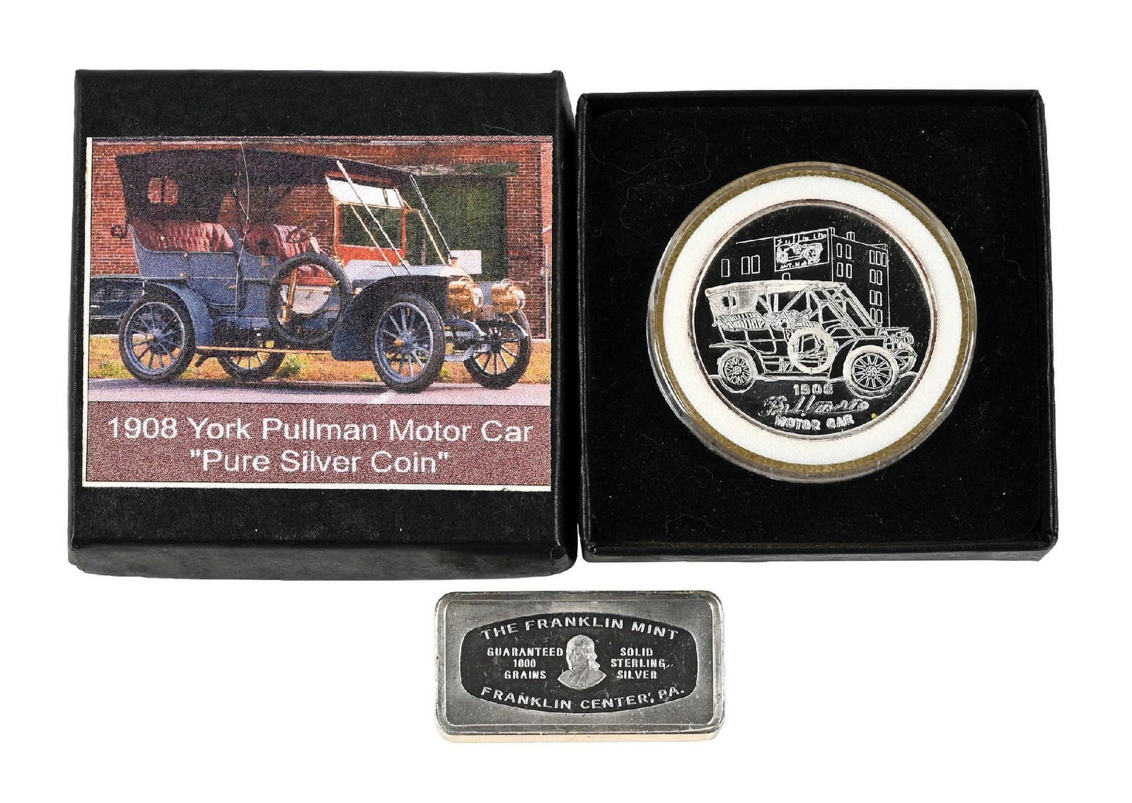 LOT OF 2: LANCASTER PA 1974 STERLING SILVER 1000 GRAIN BAR & 1908 YORK PULLMAN MOTOR CAR PURE SILVER: LOT OF 2: LANCASTER PA 1974 STERLING SILVER 1000 GRAIN BAR & 1908 YORK PULLMAN MOTOR CAR PURE SILVER COIN