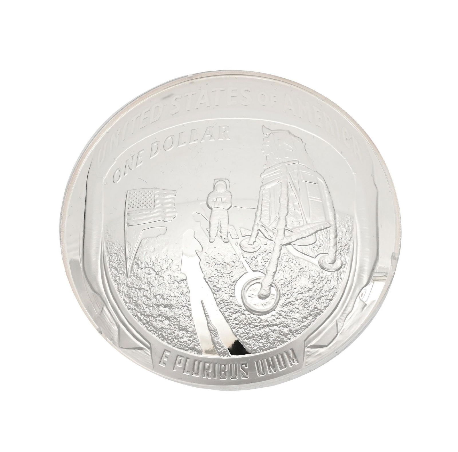 U.S. MINT 2019 APOLLO 11 50TH ANNIVERSARY COMMEMORATIVE 5 OZ FINE FILVER COIN: U.S. MINT 2019 APOLLO 11 50TH ANNIVERSARY COMMEMORATIVE 5 OZ FINE FILVER COIN Condition: (Excellent).