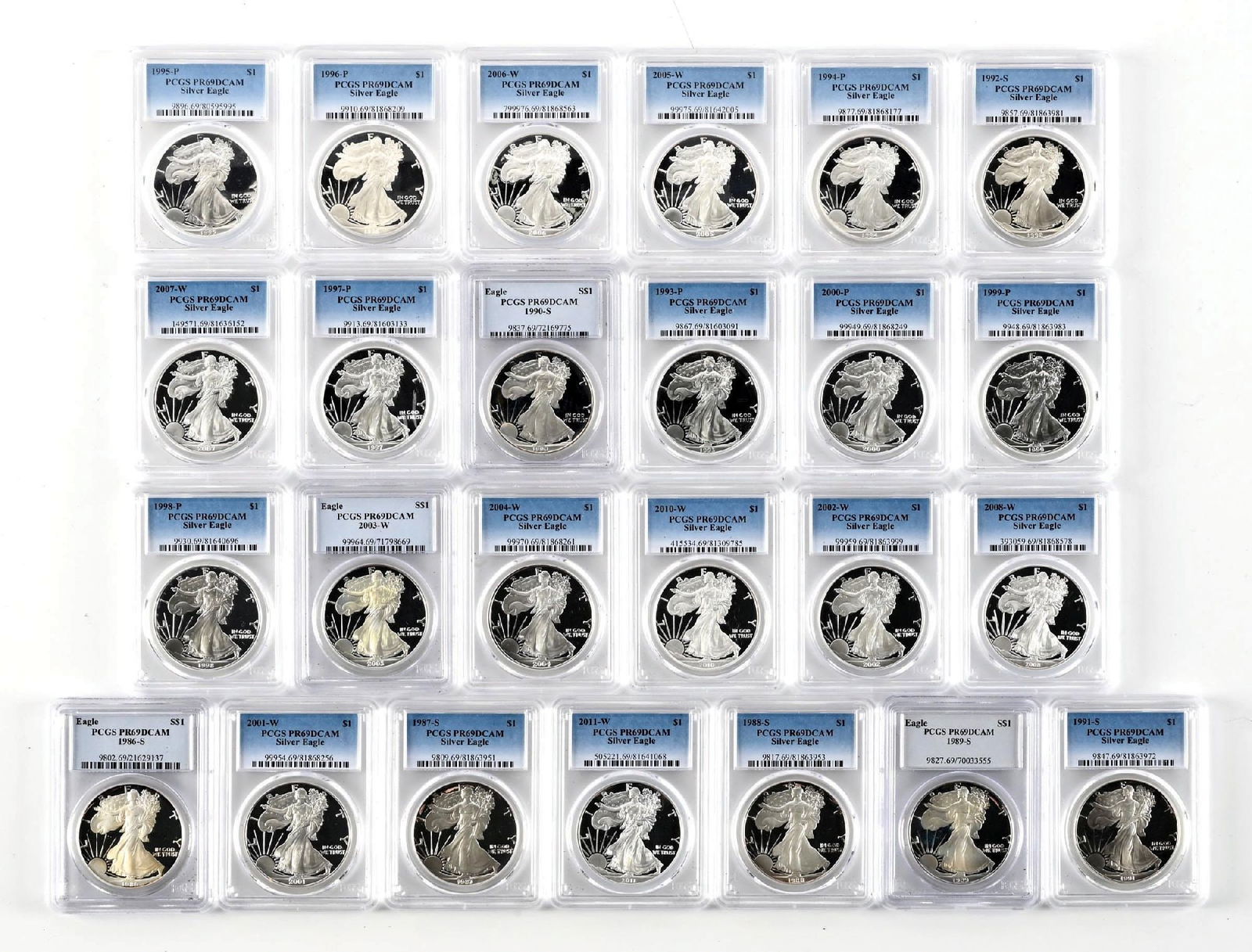 LOT OF 25: 1986-2011-W $1 SILVER EAGLES PCGS: Almost a complete run from 1986 to 2011 of Silver Eagles. PCGS.