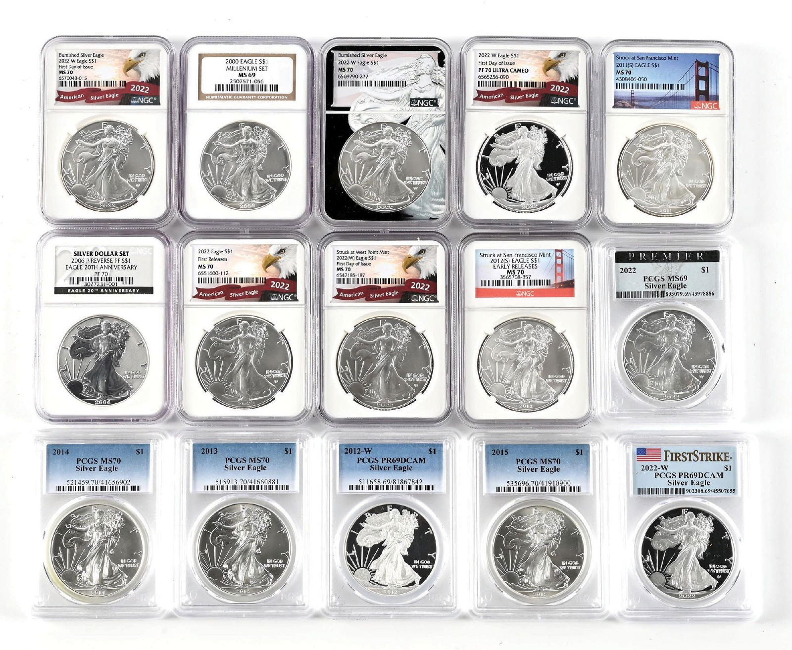 LOT OF 15: 2000- 2022 SILVER EAGLES: Various grades by NGC and PCGS.
