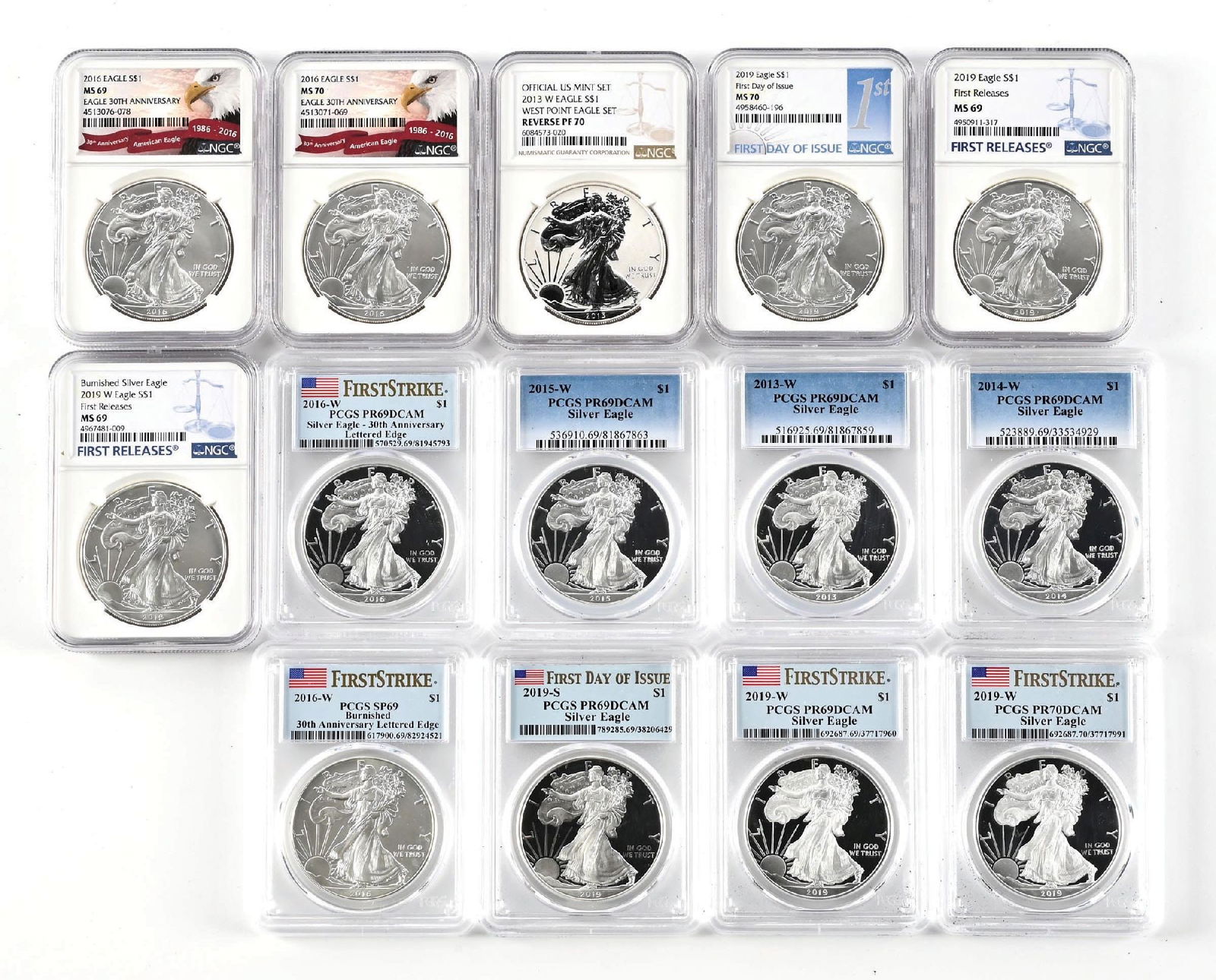 LOT OF 14: 2013-2019 SILVER EAGLES (1 of 2)