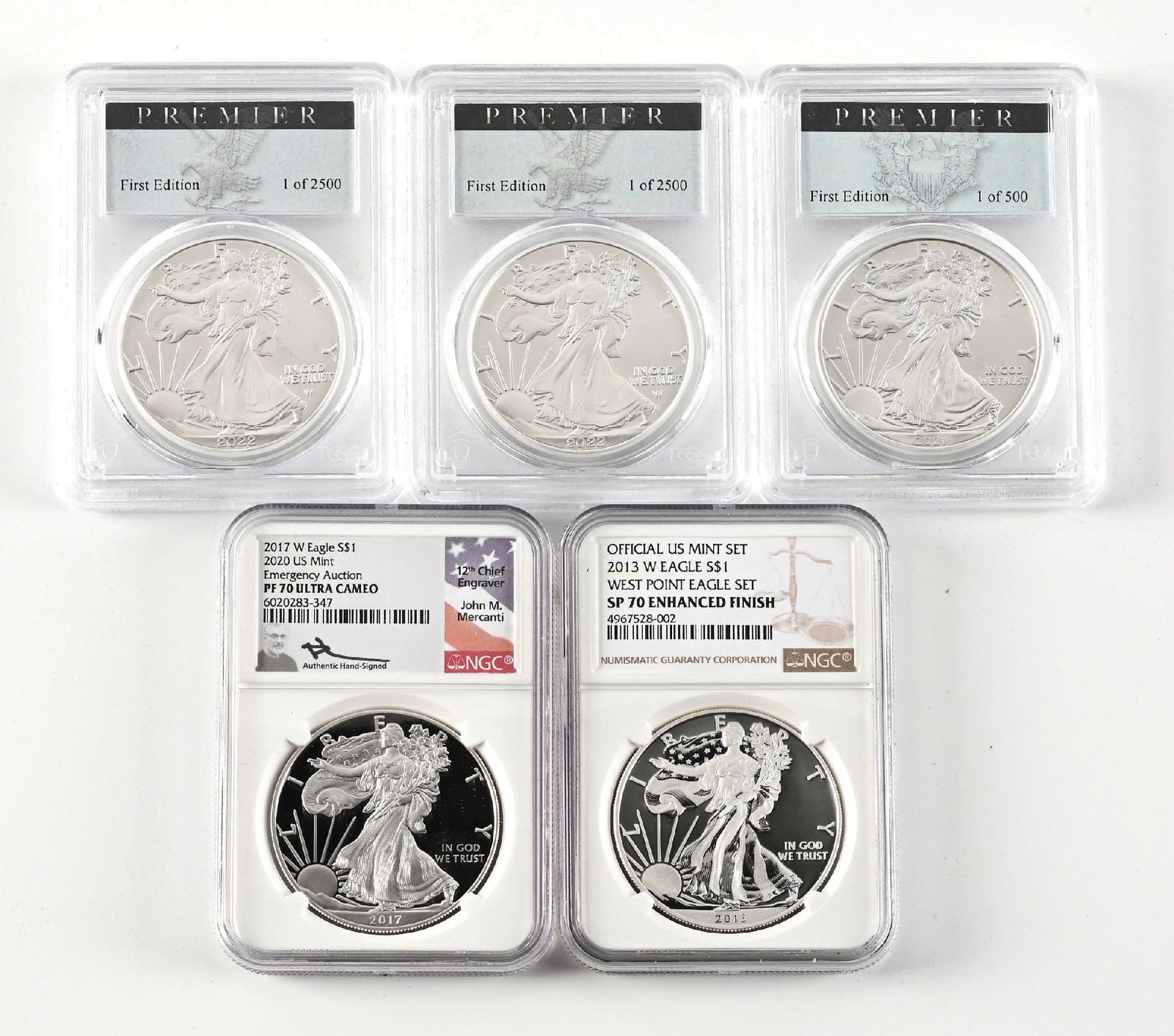 LOT OF 5: 2013-2022 SILVER EAGLES PCGS: Various grades.