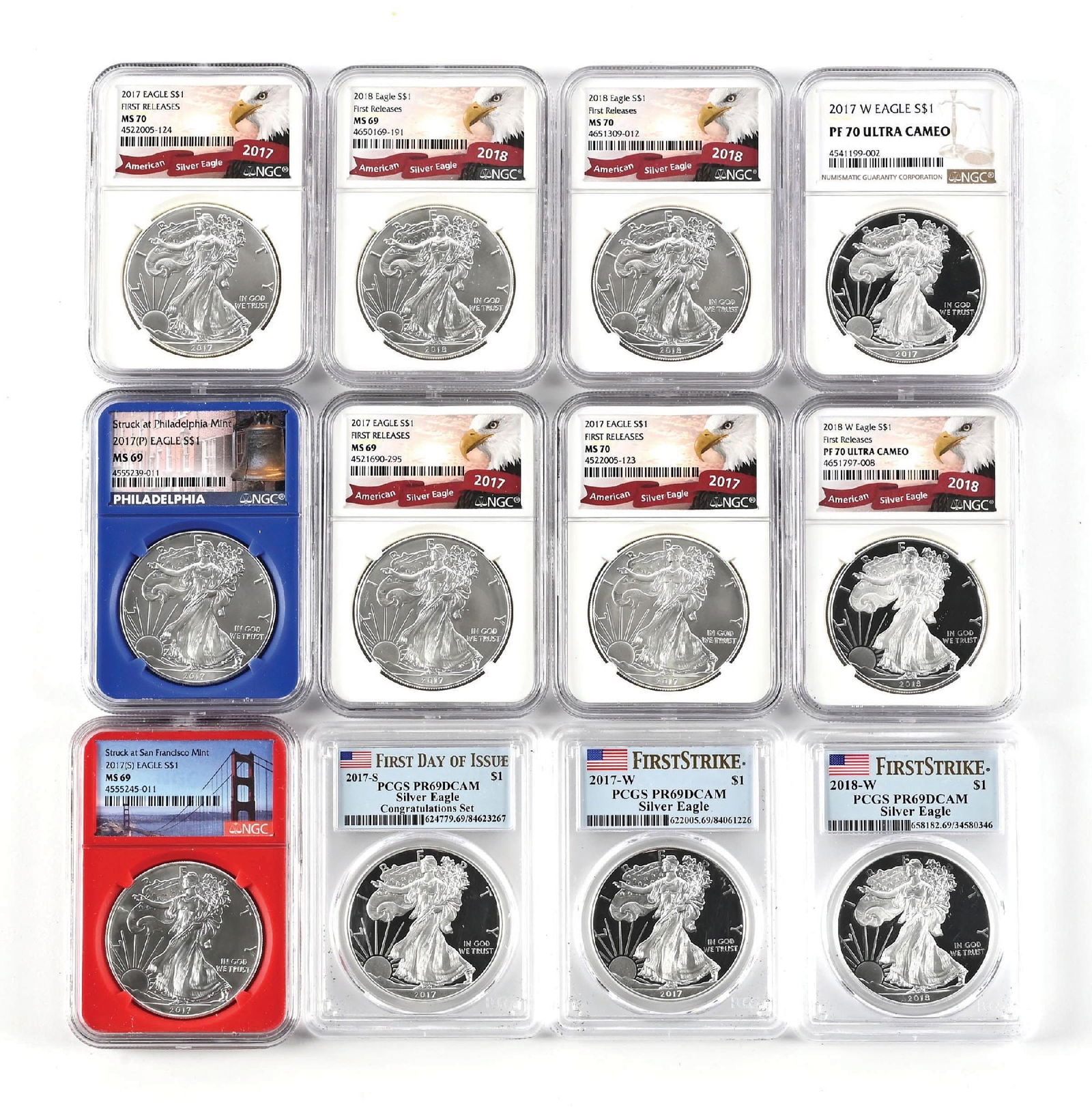 LOT OF 12: 2017-2018 SILVER EAGLES PCGS: Lot of 12 Eagles in Various Grades. PCGS.