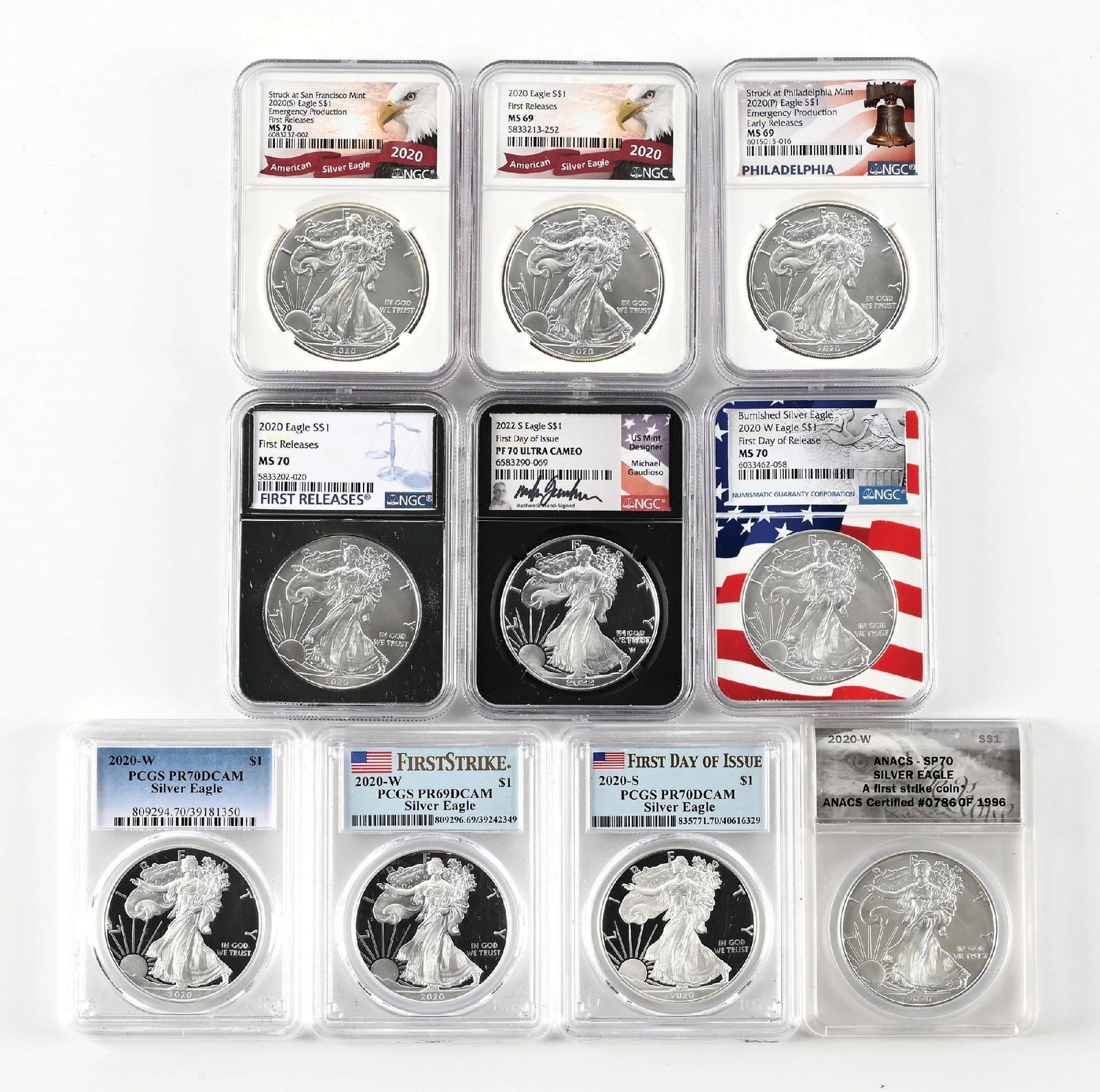 LOT OF 10: 2020-S SILVER EAGLES: Lot of 10 2020 Silver Eagles in MS69 and MS70 condition. PCGS and NGC.