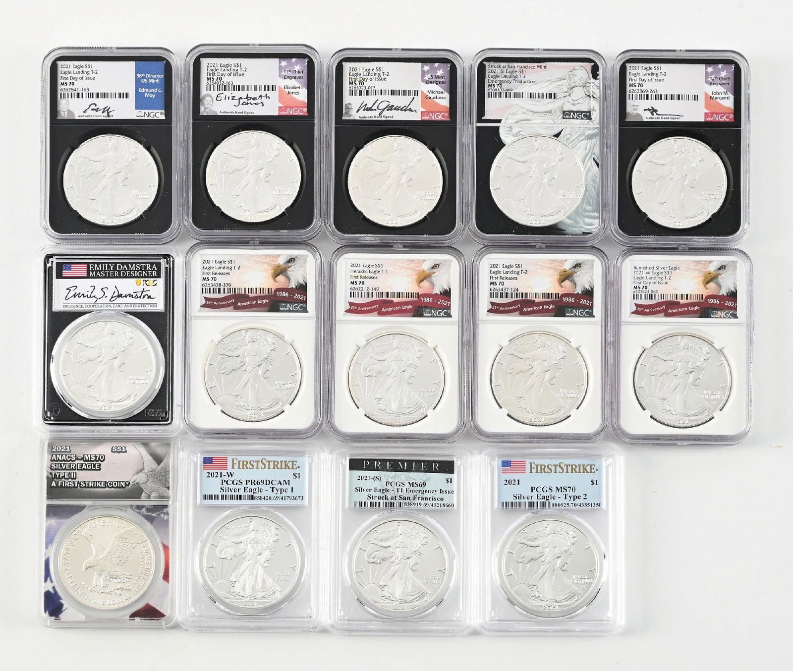 LOT OF 14: 2021 SILVER EAGLES: Lot of Silver Eagles in MS69 and MS70 condition. PCGS and NGC.