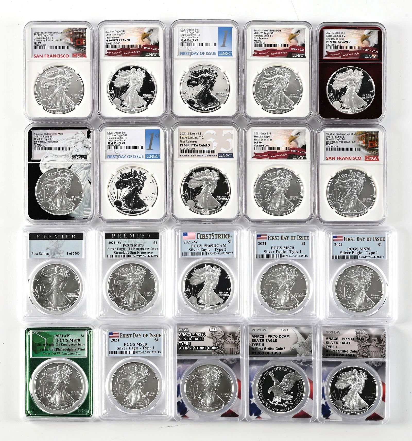 LOT OF 20: 2021 $1 PCGS MS70 SILVER EAGLES T-1: Lot of 20 2021 Silver Eagles in PF69 and MS70. PCGS and NGC.