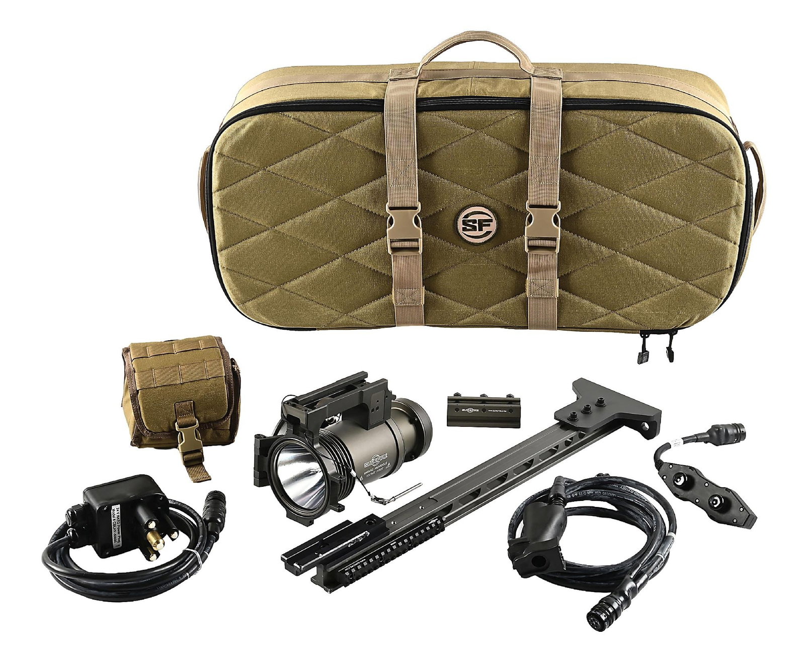 SUREFIRE HELLFIGHTER LIGHT FOR THE M2HB MACHINE GUN.: Features include partitioned factory carry case, components list, manuals, M99B mount, NATO 24V converter to 12V, handgrip assembly, small carry case, and the light. The Surefire Hellfighter light has