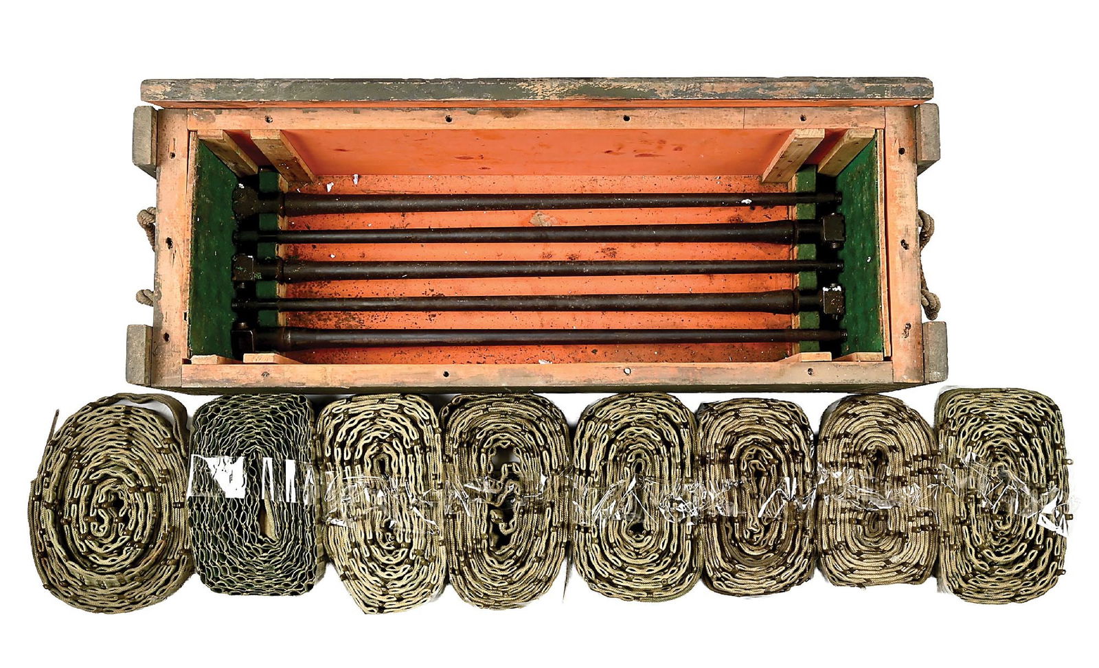 VICKERS MACHINE GUN WW2 ERA BRASS TABBED CLOTH BELTS AND 5 AUSTRALIAN MANUFACTURED .303 BARRELS IN (1 of 6)