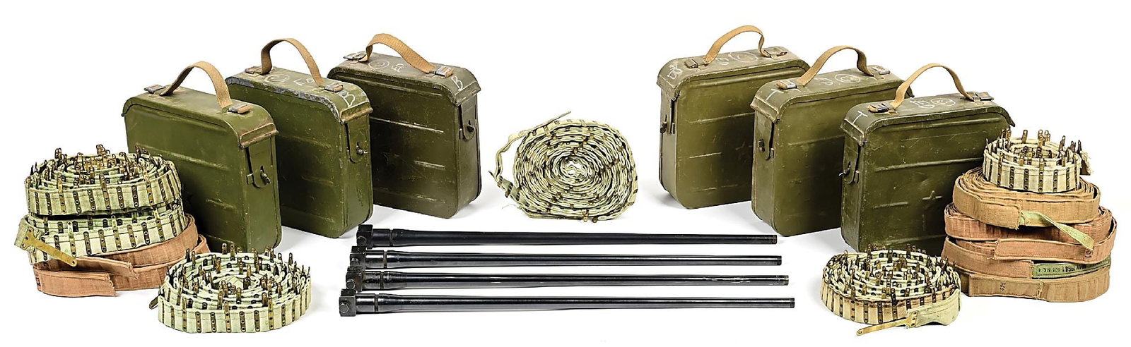 DESIRABLE SHOOTER'S LOT OF VICKERS BELTS AND BARRELS.: Six Russian metal ammo cans with 7.62 x 54R Russian belts suitable for use in a Vickers gun that has been converted to fire this cartridge. Four near excellent Australian manufactured .303 British Vic