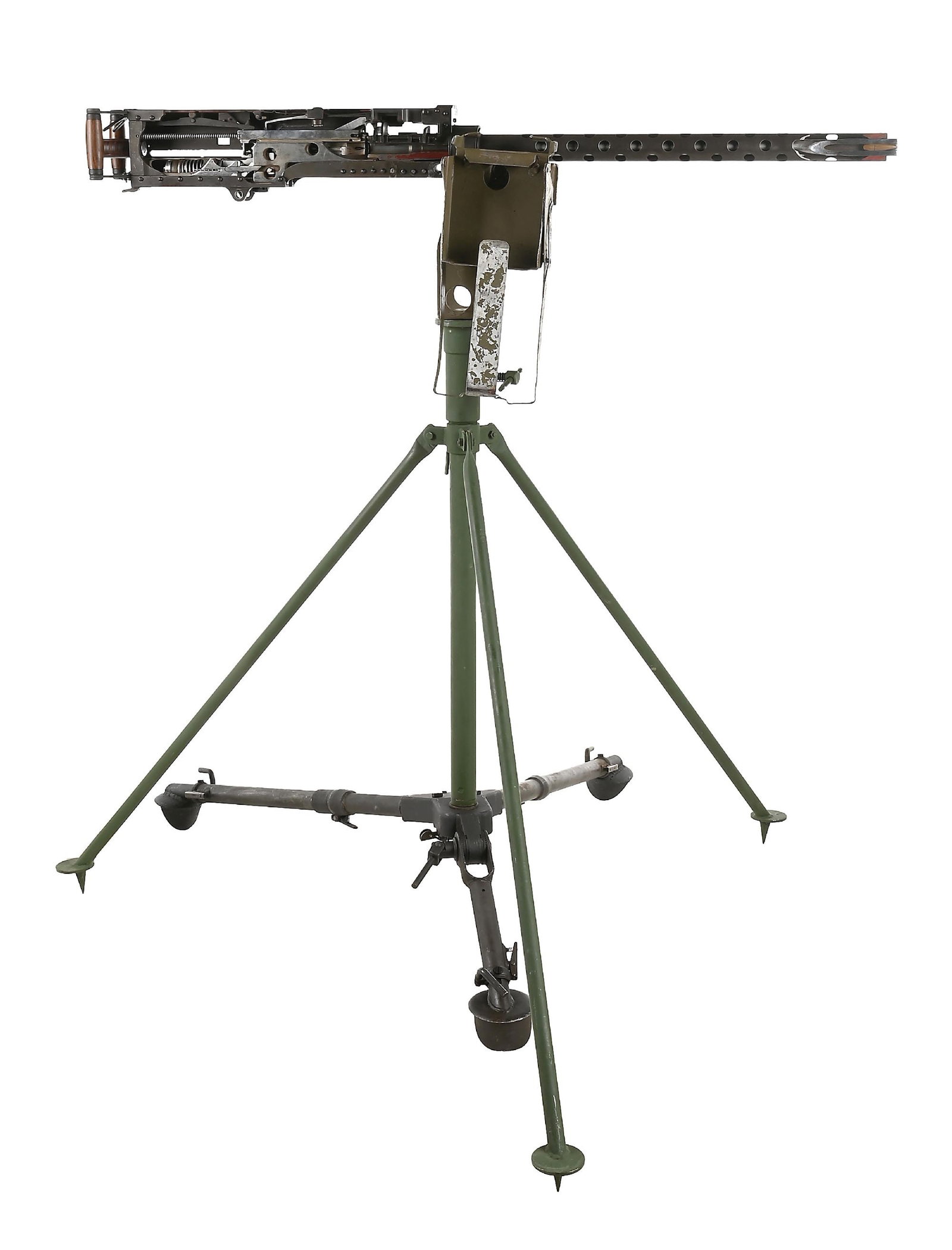 M2 BROWNING ANTI-AIRCRAFT TRIPOD WITH GROUND TRIPOD AND M2 CUTAWAY DISPLAY GUN.: Very attractive Browning M2 display piece non-gun with cutaway right sideplate to reveal the inner parts of this classic machine gun model. A contemporary steel M3 tripod, as well as an AA Tripod with