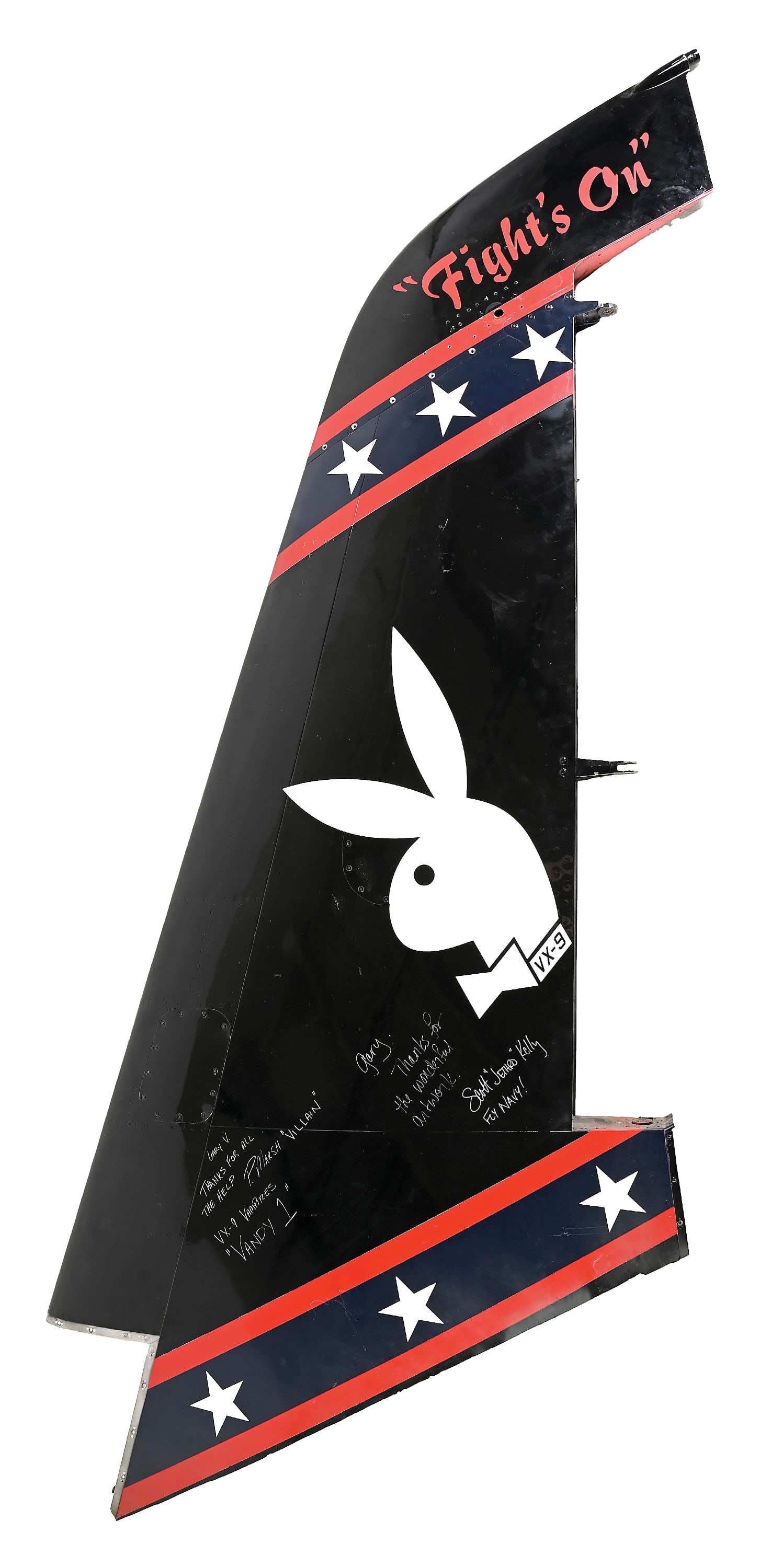 LOT OF 2: L-39 "VANDY 1" VERTICAL STABILIZER AND RUDDER PAINTED BY GARY VELASCO.: L-39 tail assembly consisting of a vertical stabilizer and rudder which came off of the flagship jet "VANDY 1" for the Warrior Flight Team. The tail is signed by team lead pilot Scott "Jethro" Kelly (