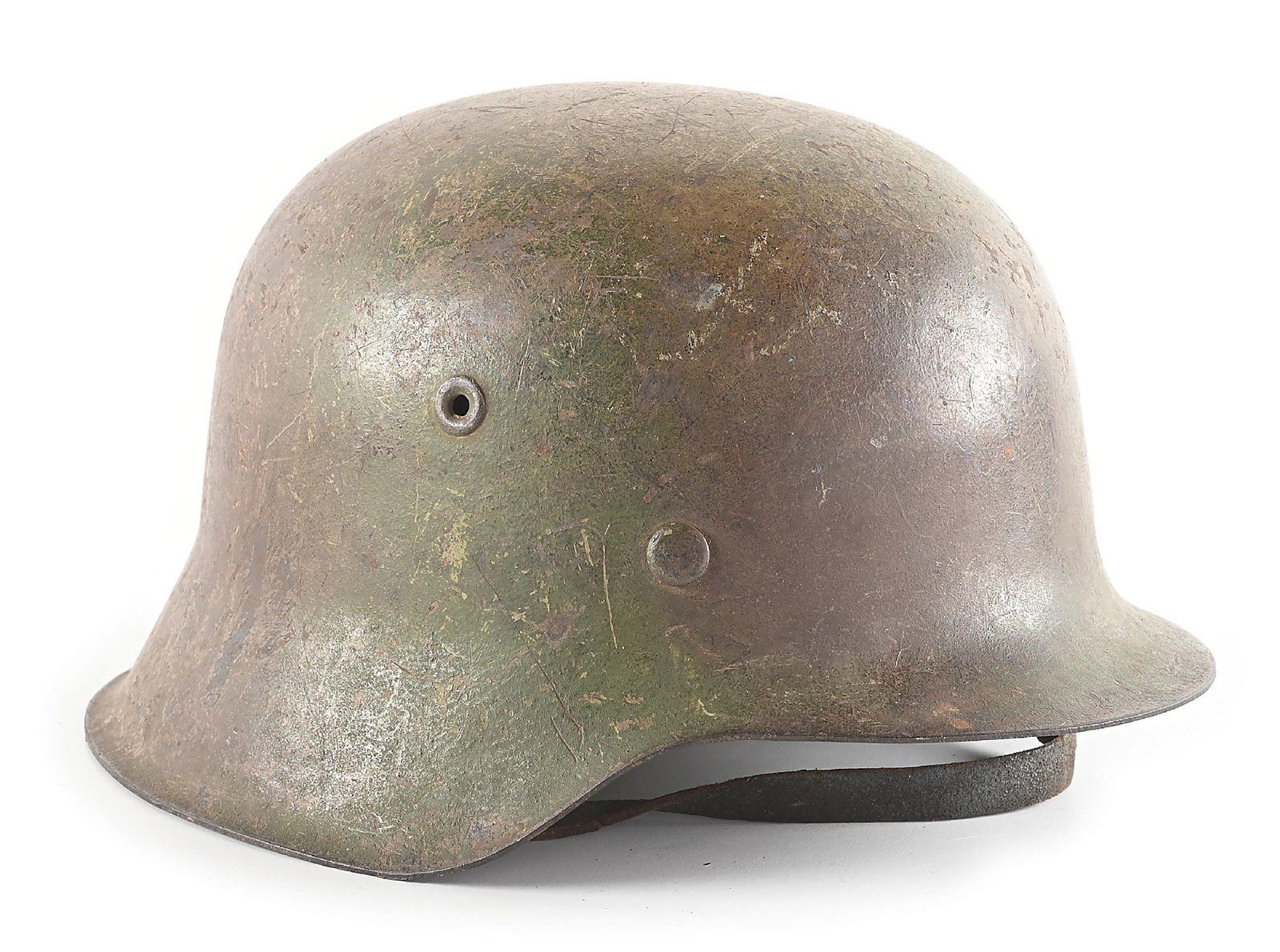 GERMAN WWII LUFTWAFFE M42 SINGLE DECAL CAMOUFLAGE HELMET.: German World War II Luftwaffe M42 single decal camouflage helmet marked "ET64" for the maker of "Eisenhüttenwerk Thale / Harz", in the shell size of "64", and with a lot number of "1654". Shell h
