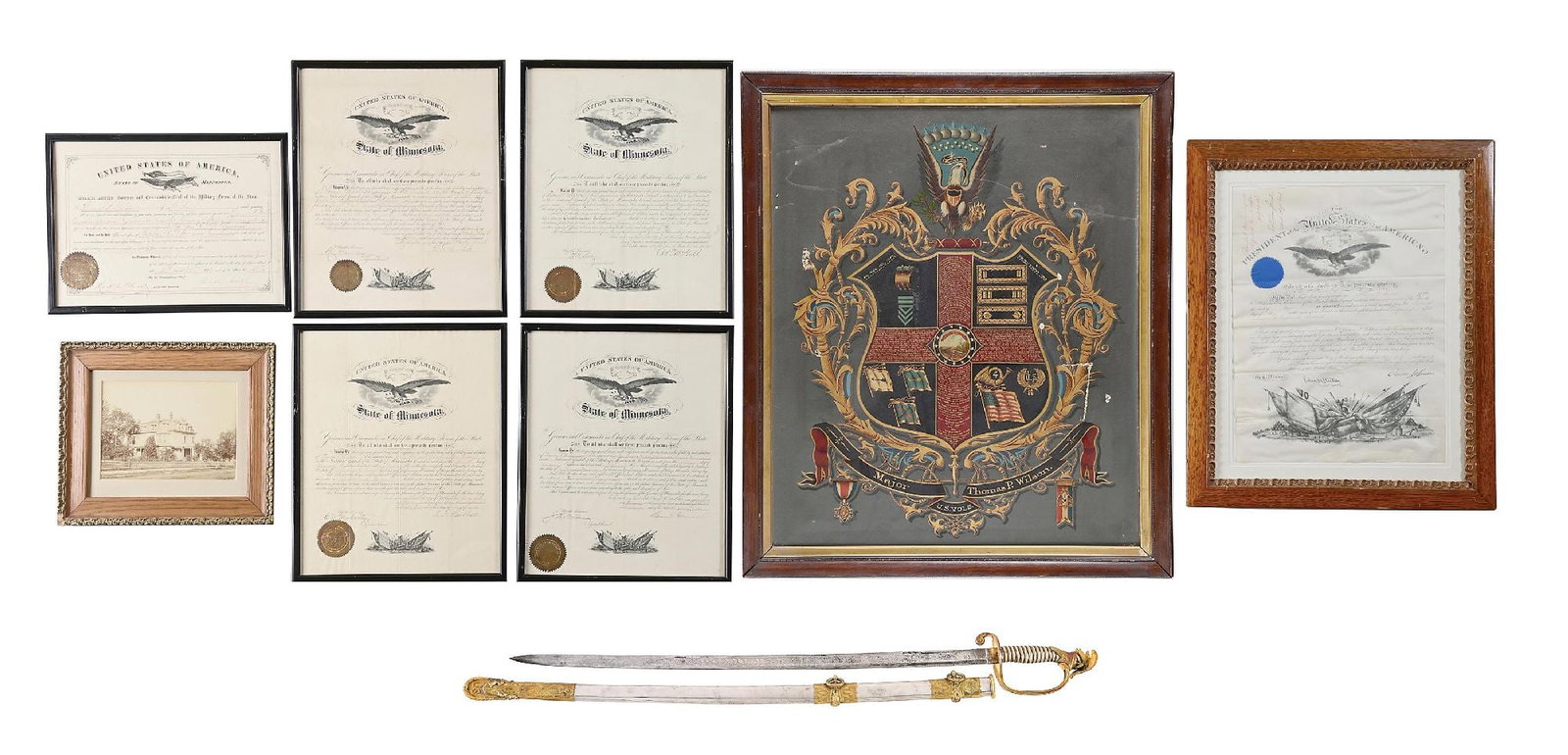 US CIVIL WAR TIFFANY PRESENTATION SILVER GRIP M1850 STAFF AND FIELD SWORD PRESENTED TO BREVET: Sword has pommel cap with crouching eagle, silver grip, standard configuration foliate openwork guard with floating “US” and scroll quillon finial disk. Blade etched on both sides with sho