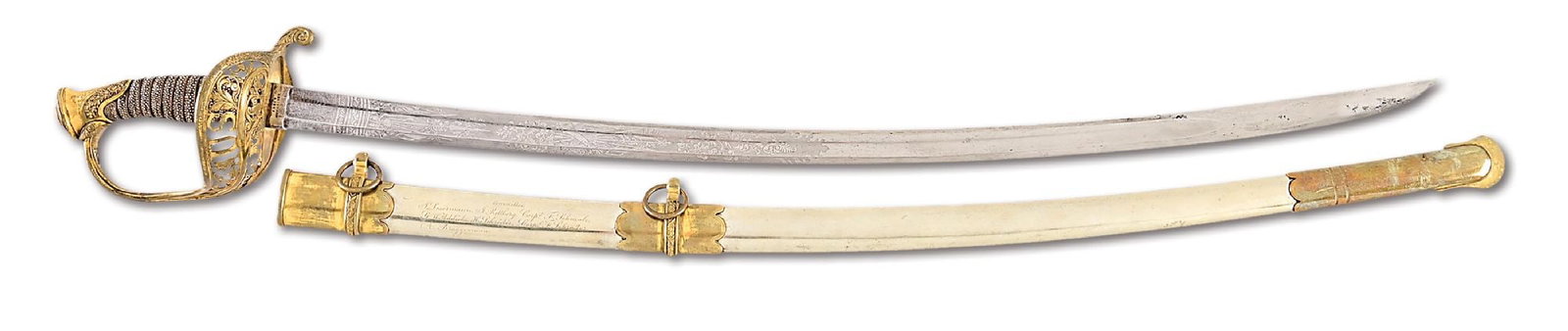 US M1850 PRESENTATION GRADE STAFF AND FIELD OFFICER'S SWORD PRESENTED TO 1ST SRGT BROWNING.: US M1850 Staff and Field Officer’s Sword by Horstman & Sons of Philadelphia with their stamp on the obverse ricasso of the blade and on raised scroll on reverse scabbard throat. Relatively early
