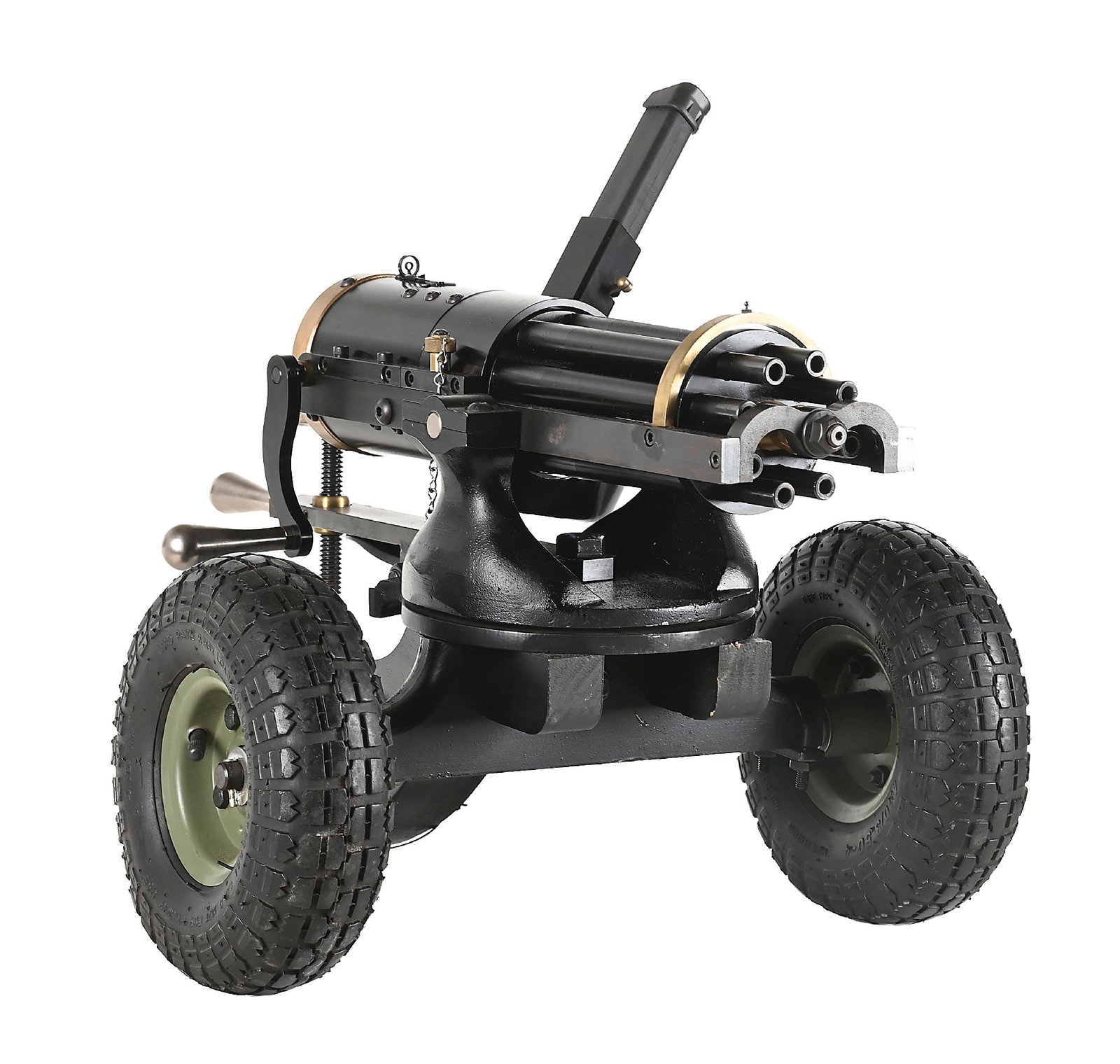 (M) TIPPMANN ARMORY 9MM GATLING GUN ON CARRIAGE.: These popular contemporary production Gatling guns blend historic tradition with modern performance. It features a rotating blued 8 barrel cluster and crank powered mechanism. Accepts Glock pattern ma