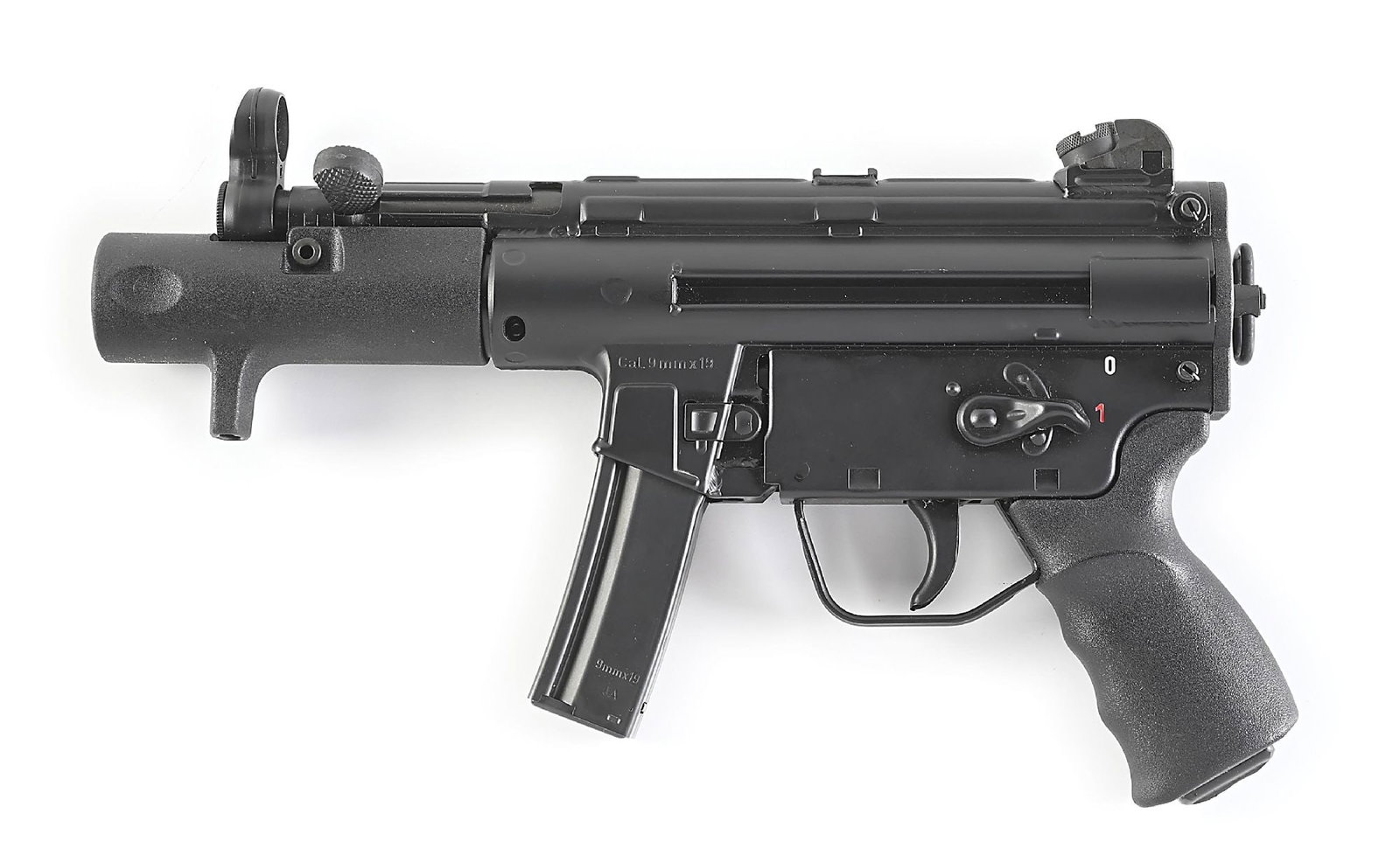 (M) WEST GERMAN HECKLER & KOCH SP89 SEMI-AUTOMATIC 9MM PISTOL WITH BOX.: Manufactured in West Germany in 1990 as a pre-ban semi-automatic pistol variant of the iconic MP5 submachine gun. Finished in standard black enamel. Recessed barrel with hooded post front sight and di