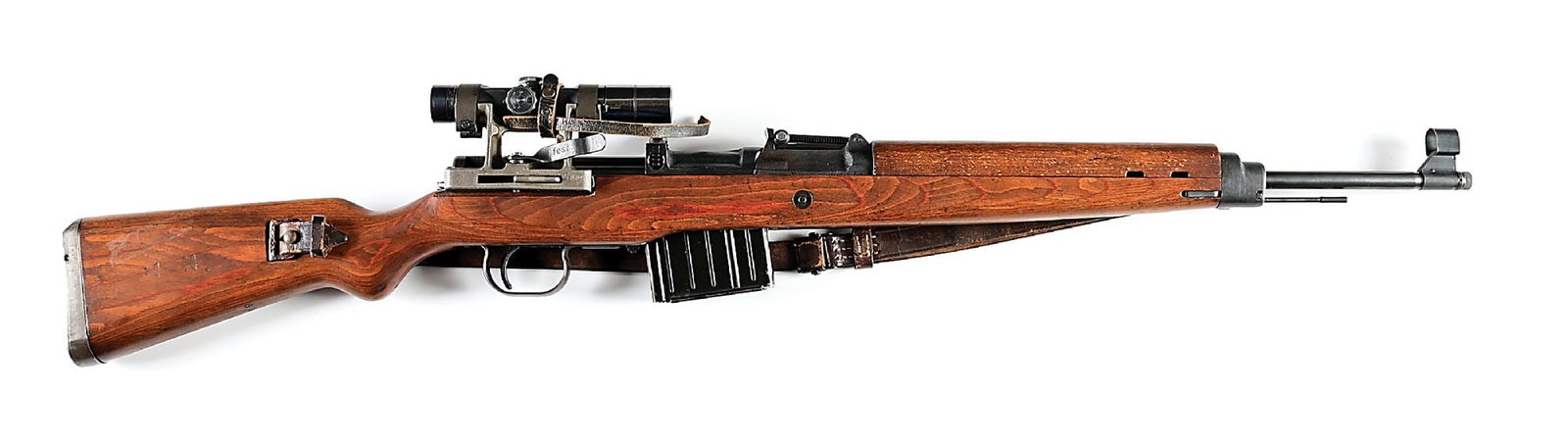 (C) DUV 44 CODE BERLINER-LUBECKER G43 SEMI AUTOMATIC RIFLE WITH SCOPE.: Manufactured 1944 by Berliner-Lubecker also known as "BLM" and identified by the German manufacture code "duv44". Laminated wood stock and laminated handguard. Bright metal cup butt plate with trap fo
