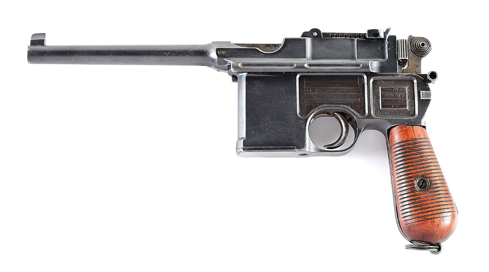 (A) EARLY ANTIQUE (1897) CONEHAMMER MAUSER MODEL C96 SEMI AUTOMATIC PISTOL.: Dates to 1897. Referred to as a standard model cone hammer. This example features the factory blue finish, 23 groove walnut grips, lanyard ring, 50-500 rear sight, Mauser Oberndorf legend and proofs,