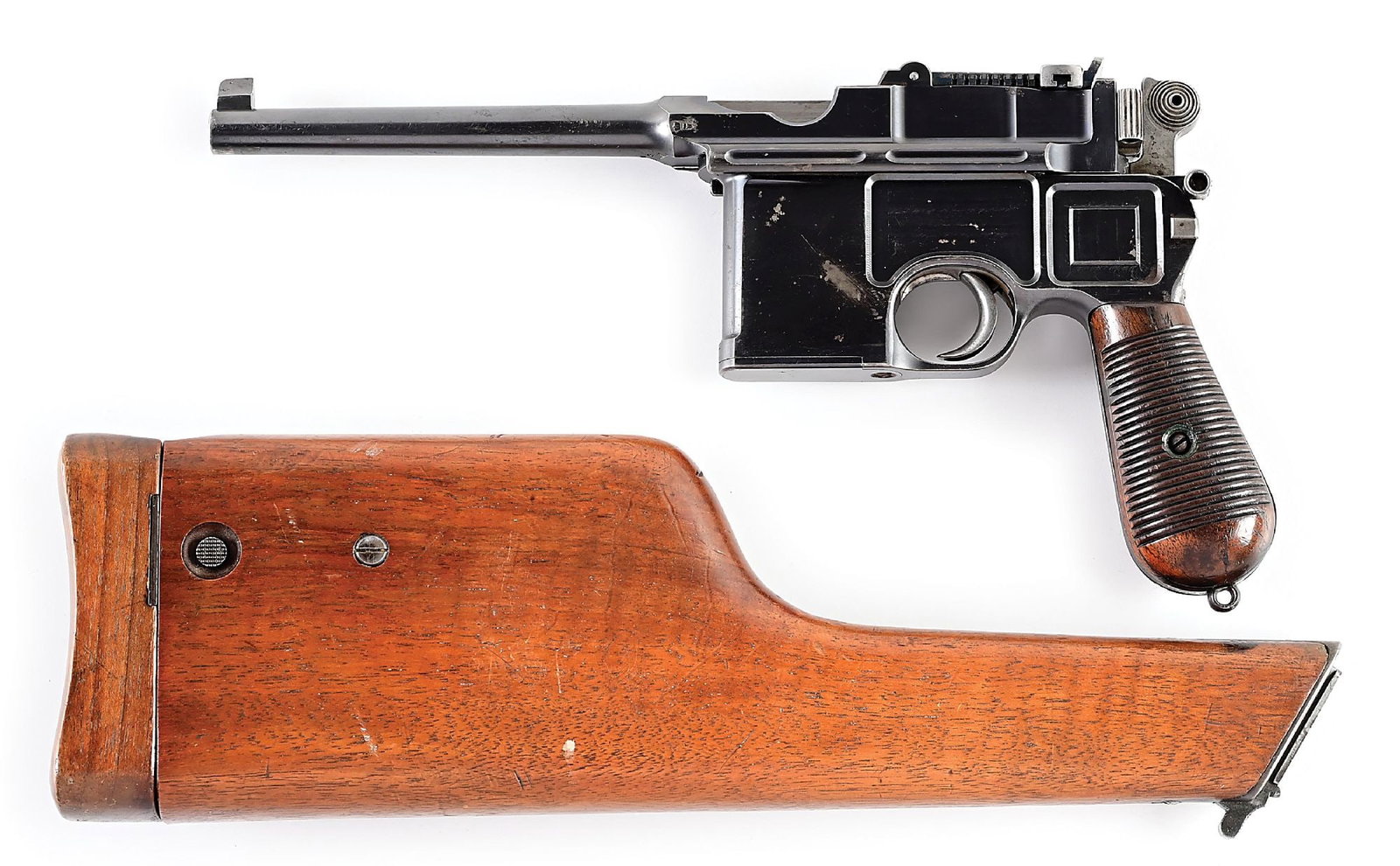 (A) CONEHAMMER MAUSER C96 SEMI AUTOMATIC PISTOL.: Dates to 1897. Referred to as a standard model conehammer. This example features the factory blue finish, 23 groove walnut grips, lanyard loop, 50-500 rear sight, Mauser Oberndorf legend and proofs an