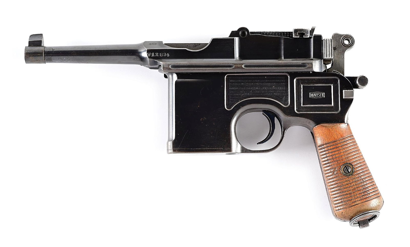 (C) HIGH CONDITION MAUSER BANNER COMMERCIAL MODEL C96 BOLO BROOMHANDLE SEMI-AUTOMATIC PISTOL.: Dates from 1923 through 1930. Referred to as the late post-war bolo. This is the first C-96 pistol to display the Mauser banner on the left frame panel after the first war. it exhibits the almost Colt