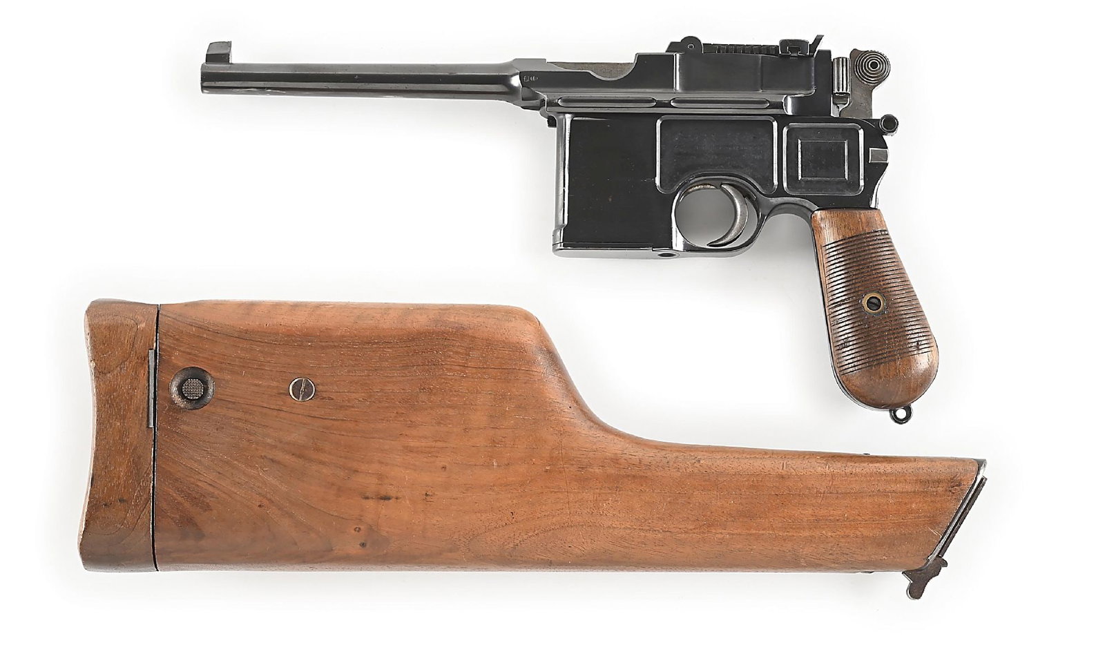 (A) MAUSER CONEHAMMER C96 BROOMHANDLE SEMI-AUTOMATIC PISTOL WITH STOCK/HOLSTER.: Produced by Mauser in 1897 this early pistol features a cone hammer, short travel safety, and early trigger assembly. There are Crown "U" proofs on the left of the breech and Ulm antler proof on the r
