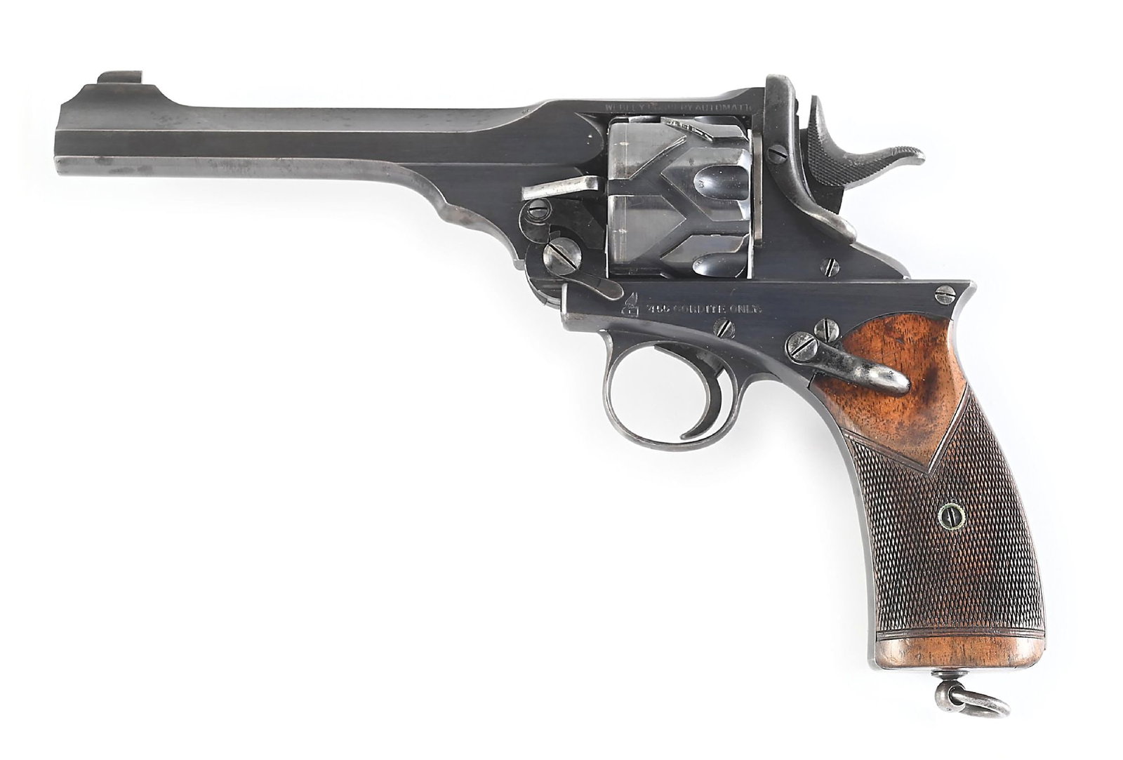 (C) WEBLEY-FOSBERY MODEL 1901 SEMI-AUTOMATIC .455 REVOLVER WITH HOLSTER.: Serial number 369, Webley Fosbery Model 1901 in .455 MKII with checkered 2 piece walnut grips and early pattern rear fluted cylinder. Army Navy CSL marked top rib and marked "WEBLEY FOSBERY AUTOMATIC"
