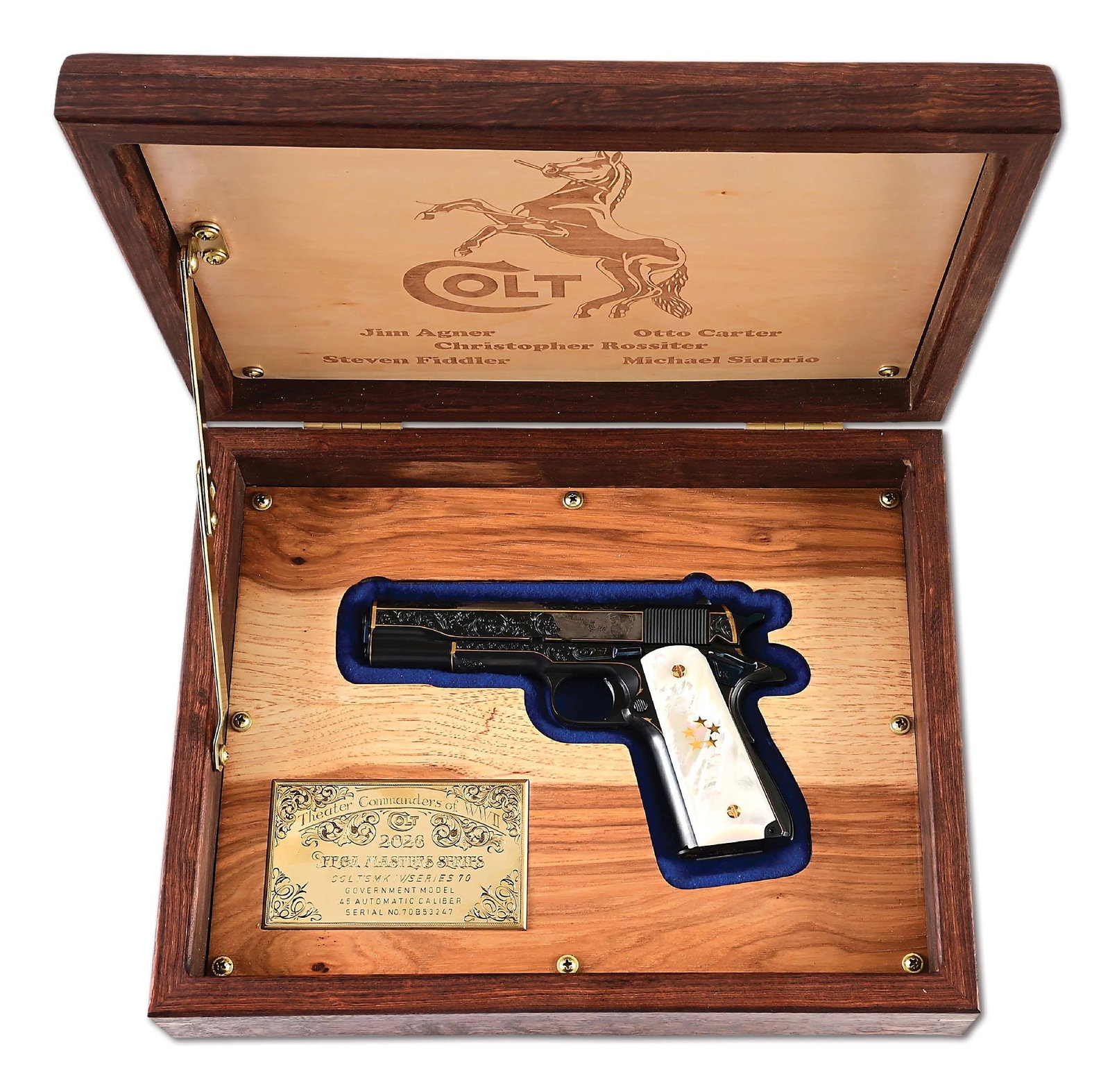 (M) 2026 FEGA MASTER SERIES ENGRAVED "THEATER COMMANDERS OF WWII" COLT GOVERNMENT MODEL 1911A1 .45: This 1911 is the 2026 auction gun to support the Firearms Engravers Guild of America, showcasing the work of some of the finest engravers working today. Wrangled by Marianne Kelley, this gun was engra