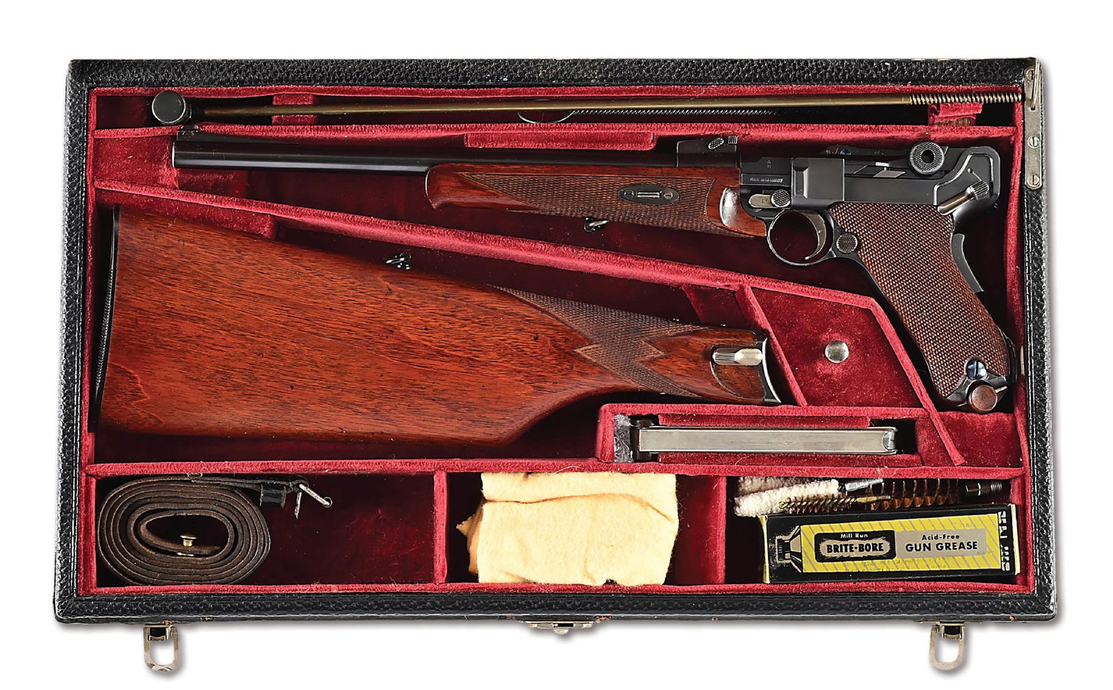 (C) DWM MODEL 1920 SEMI-AUTOMATIC LUGER CARBINE.: Commercial DWM Model 1920 Carbine with 12" barrel, blue finish, and straw finished trigger safety and take down lever. Fire blue finished screws and pins. Checkered walnut grips and white metal finish