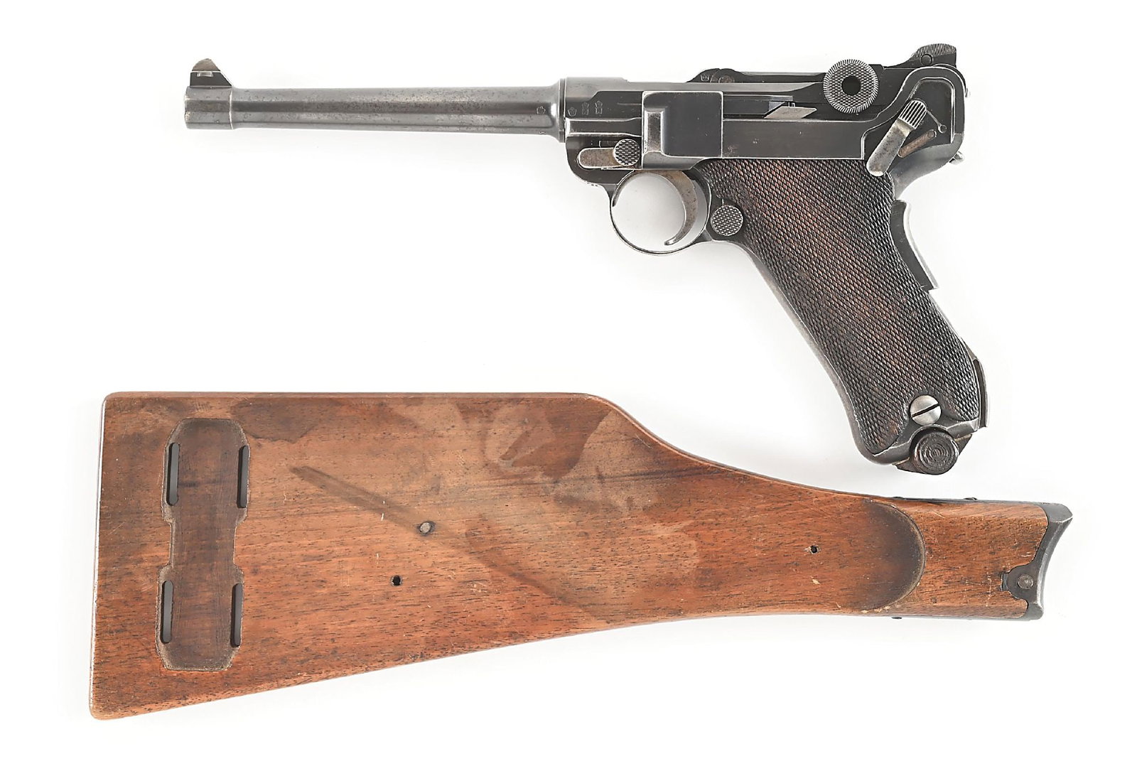 (C) DWM 1906 NAVY LUGER 9MM SEMI-AUTOMATIC PISTOL WITH BOARD STOCK.: DWM Imperial German Model 1906 Navy luger, First Model. This example has the GESICHERT marking in the top position, lower position has been removed with an end mill. The top of the chamber is not date