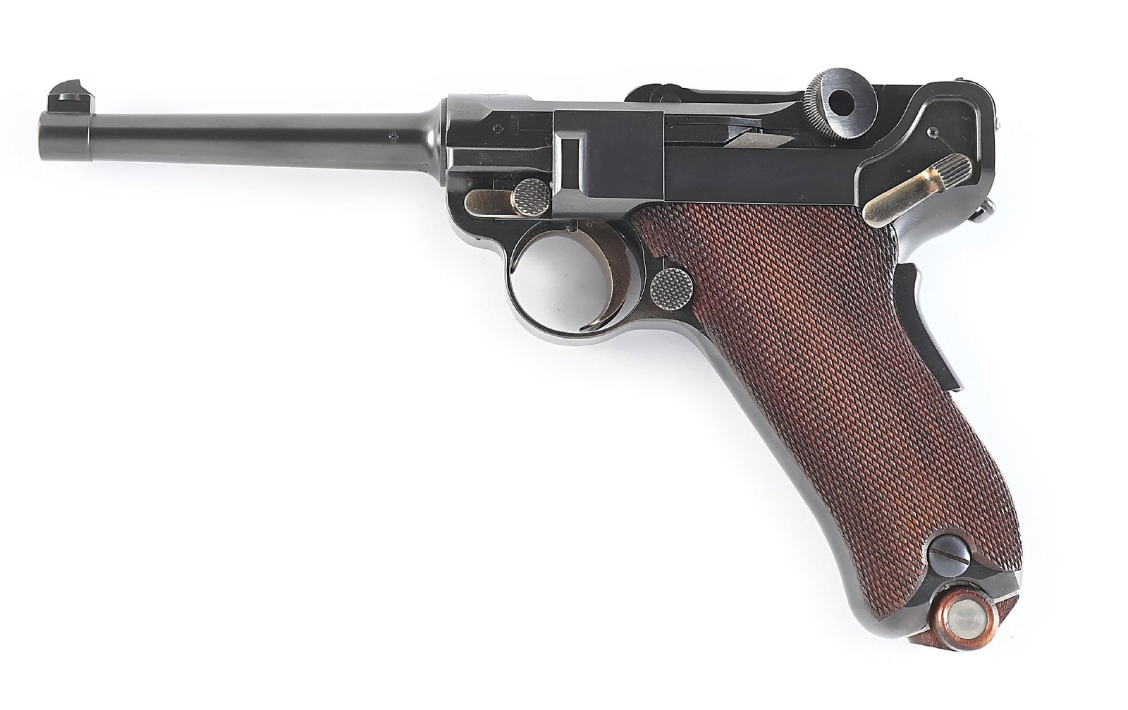 (C) SWISS DWM MODEL 1900 LUGER SEMI-AUTOMATIC PISTOL.: Model 1900 Swiss luger with the early scarce wide trigger. This is one of the first lugers used by the Swiss army. Features a dished toggle and an early wide trigger. Less than 1,000 of these early Sw