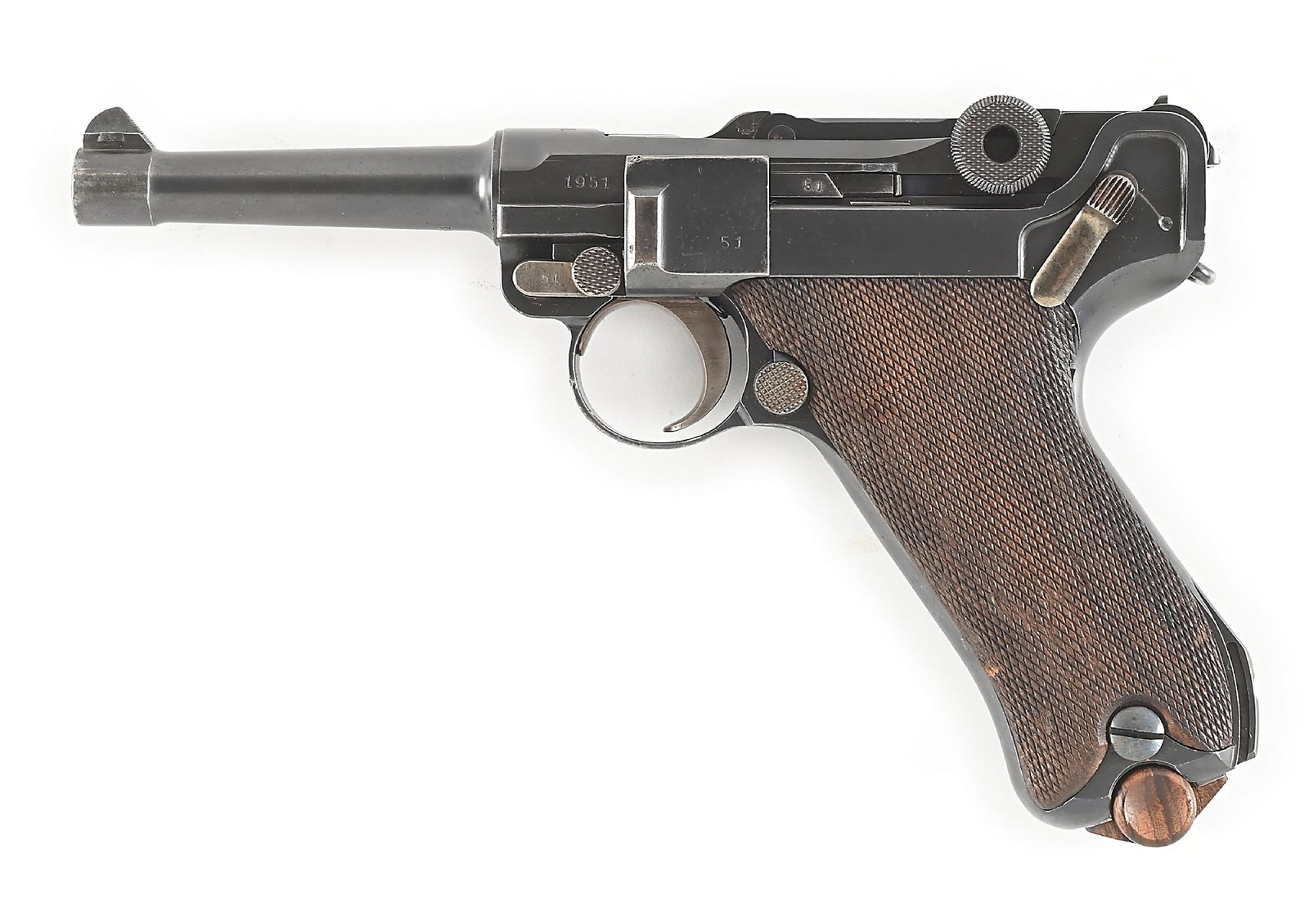 (C) DWM P.08 LUGER 9MM SEMI-AUTOMATIC PISTOL WITH HOLSTER.: Produced by DWM in 1916, this all numbers matching pistol features a rust blue finish. Imperial proofs on the frame and toggle. The checkered walnut grips are numbered as well. DWM is roll marked on t