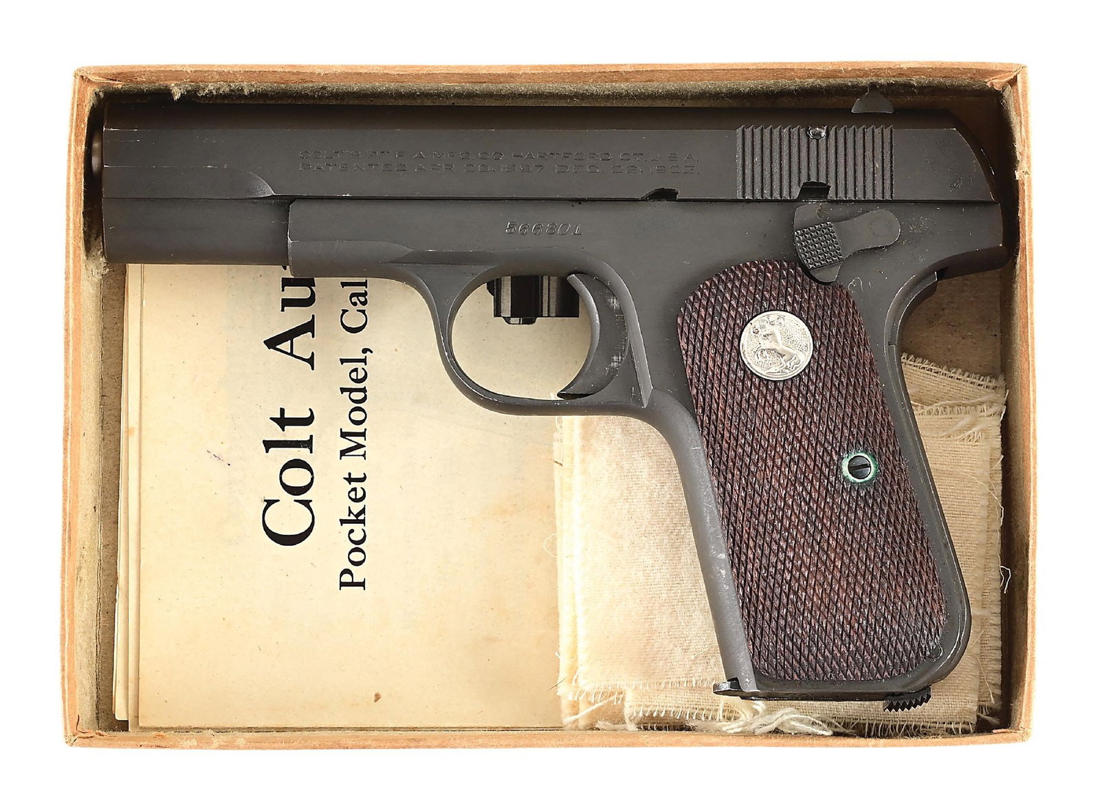 (C) COLT GENERAL OFFICERS MODEL M1903 POCKET HAMMERLESS SEMI-AUTOMATIC PISTOL (1944).: US Property marked Colt Model 1903 Pocket Hammerless General Officers Pistol in original numbered box with instructions. Parkerized finish with "US PROPERTY" On right side of frame. Oil finished check