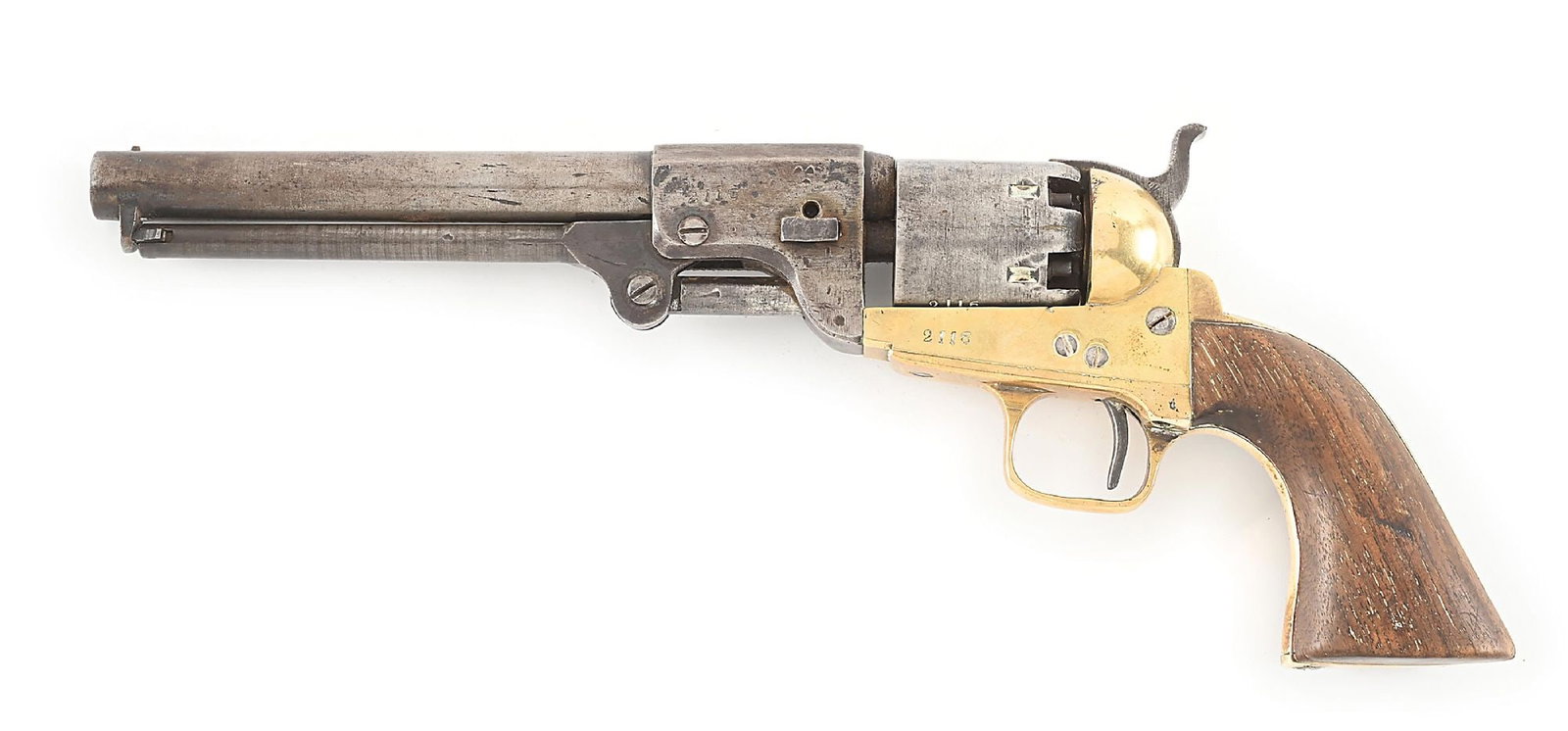 (A) CONFEDERATE GRISWOLD PERCUSSION SINGLE ACTION REVOLVER.: Confederate produced Griswold & Gunnison 2nd model belt revolver. Brass frame with brass trigger guard and back strap. Produced outside of Macon, Georgia at Gunnisonville armory from 1862 until Novemb