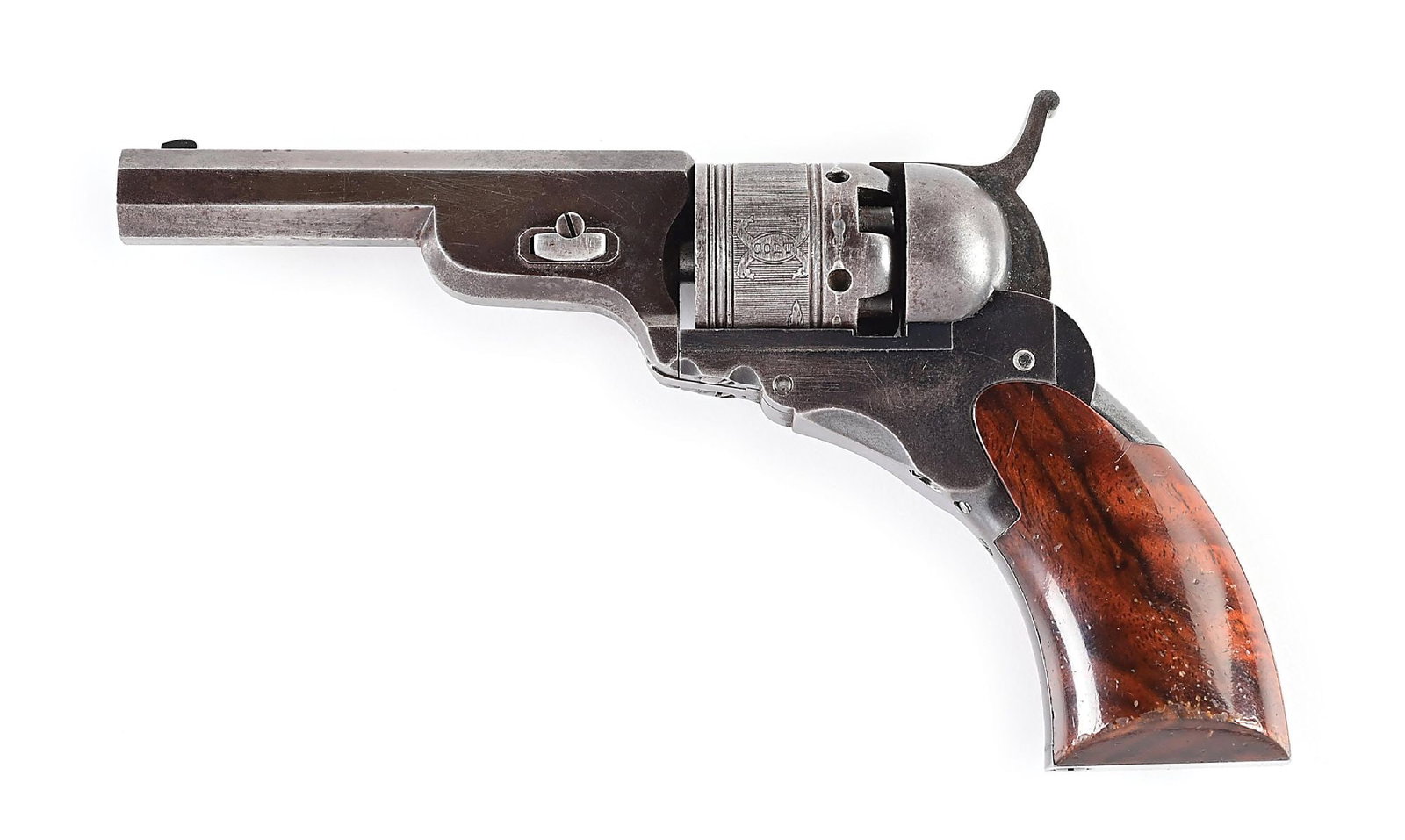 (A) FINE BABY COLT PATERSON NO. 1 POCKET PERCUSSION REVOLVER.: Colt Paterson Model one Pocket Model known as the Baby Paterson. Serial number 497 with 3" octagon barrel with diminutive blade front sight and smooth notched curved hammer for rear sight. One of the