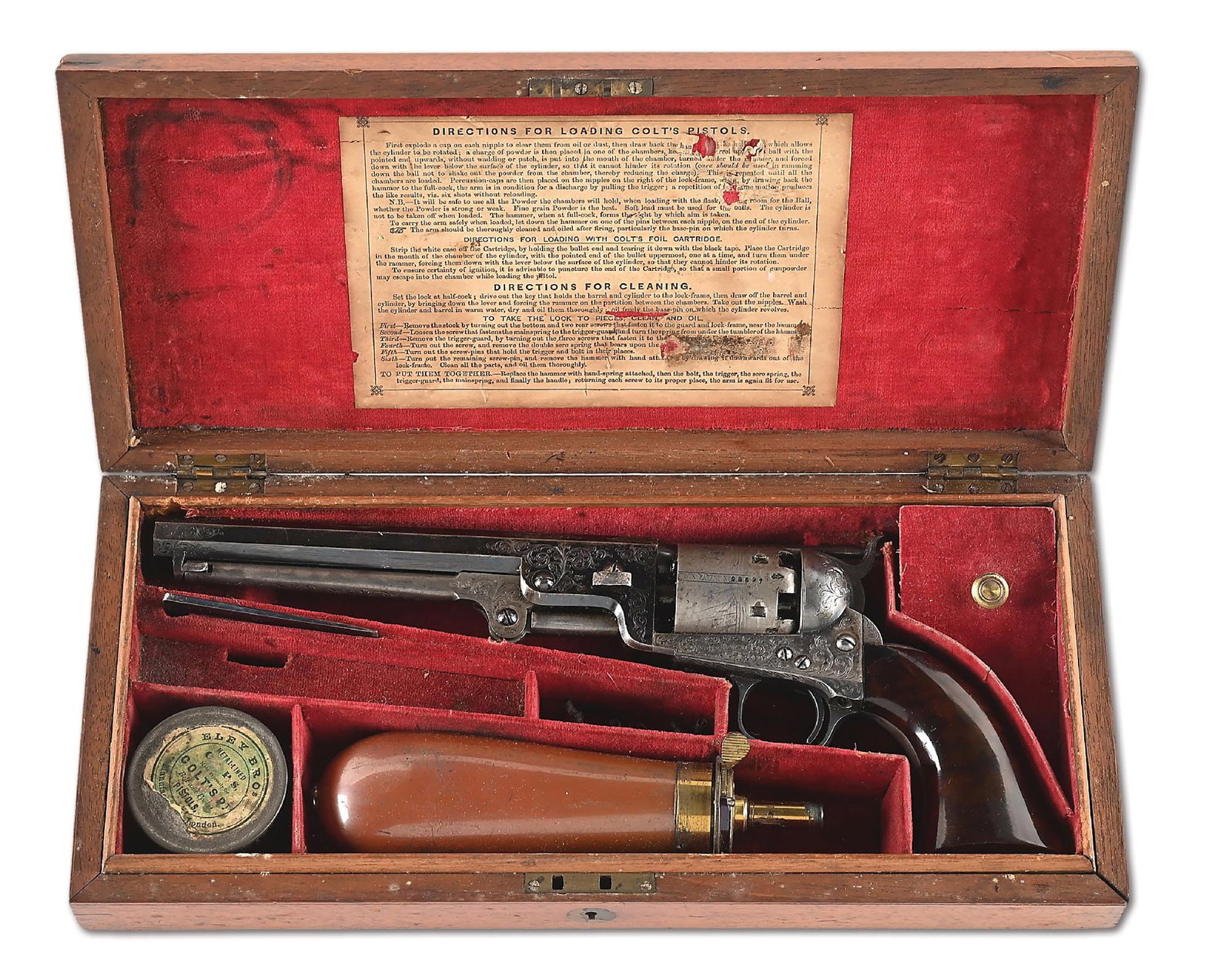 (A) COLT AGENT PRESENTATION COLT 1851 NAVY PERCUSSION REVOLVER: Manufactured 1855, London Made Colt Model 1851 Navy revolver with factory engraving in the exhibition pattern. Blue finish with case color frame, hammer, and loading lever. Piano varnished burl walnut
