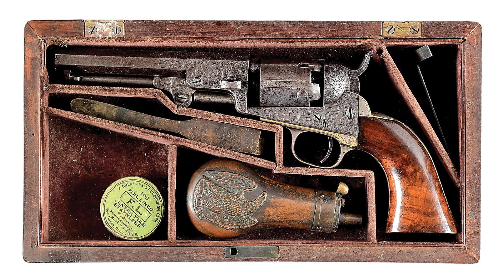 (A) FACTORY ENGRAVED AND CASED COLT MODEL 1849 POCKET PERCUSSION REVOLVER. (1 of 14)