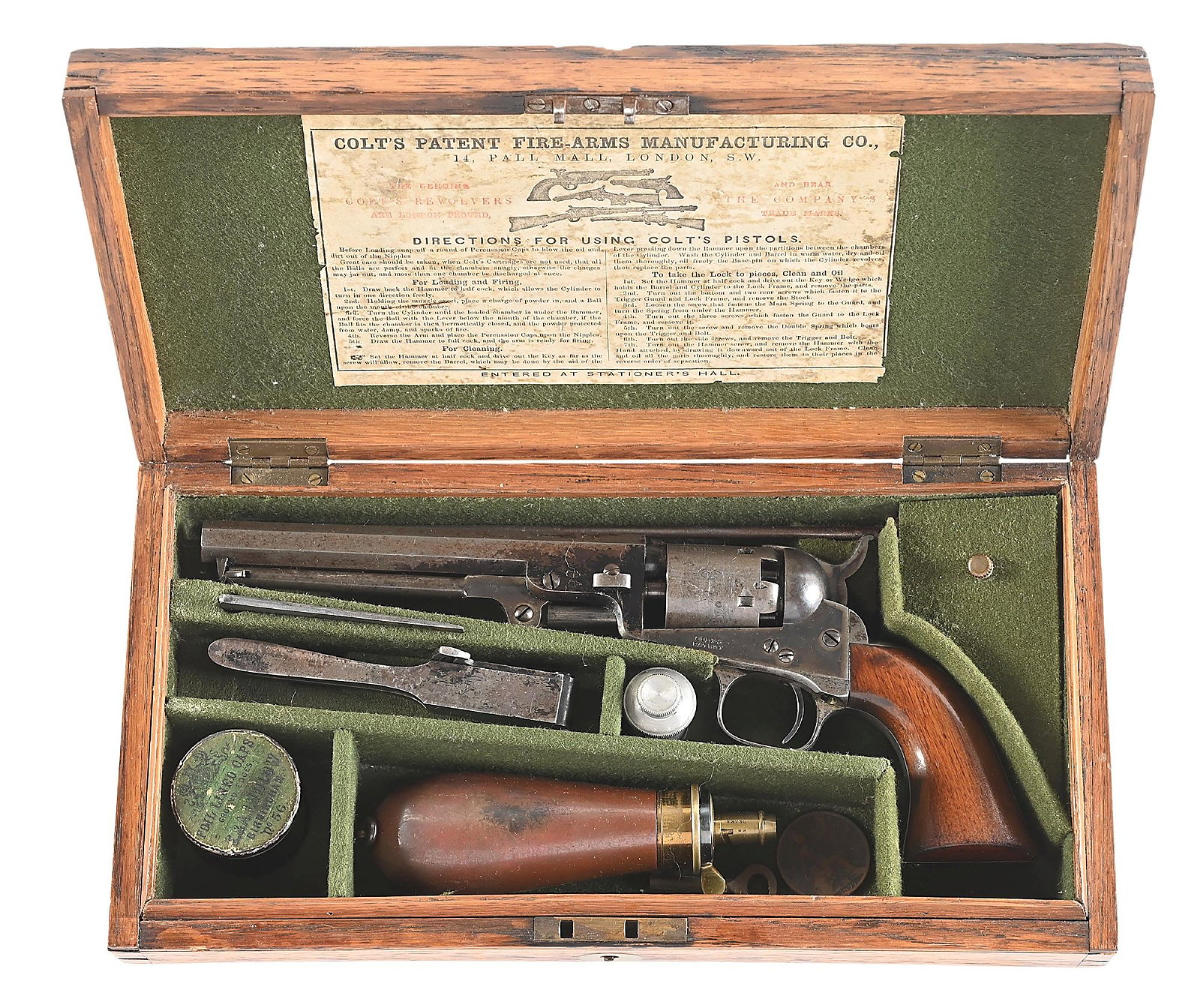 (A) FINE ENGLISH CASED LONDON COLT MODEL 1849 PERCUSSION REVOLVER: Dates to 1855. Only 11,000 Londons were recorded from 1853 through1856 only. This is a second type with larger trigger guard and desirable long barrel. The barrel exhibits the London Colt legend. Ther