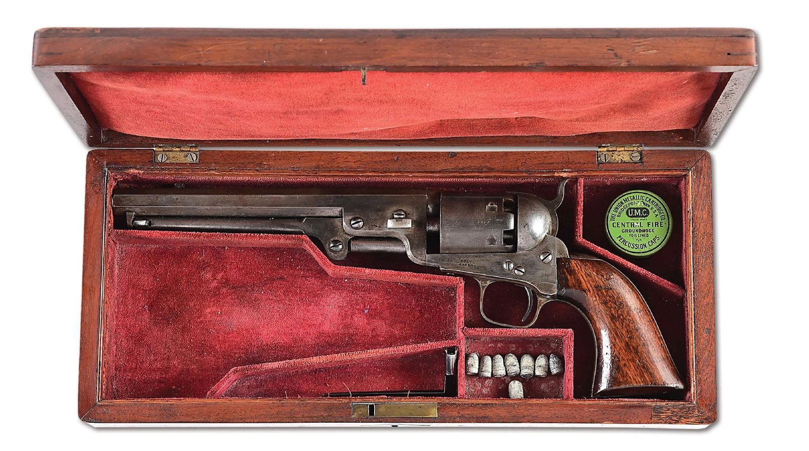 (A) CASED LONDON COLT MODEL 1851 NAVY PERCUSSION REVOLVER (1847).: First year production. This all-original cased Baby dragoon features all matching serial numbers. The revolver features the early style left hand Colt New York address on the top barrel flat. The cyli
