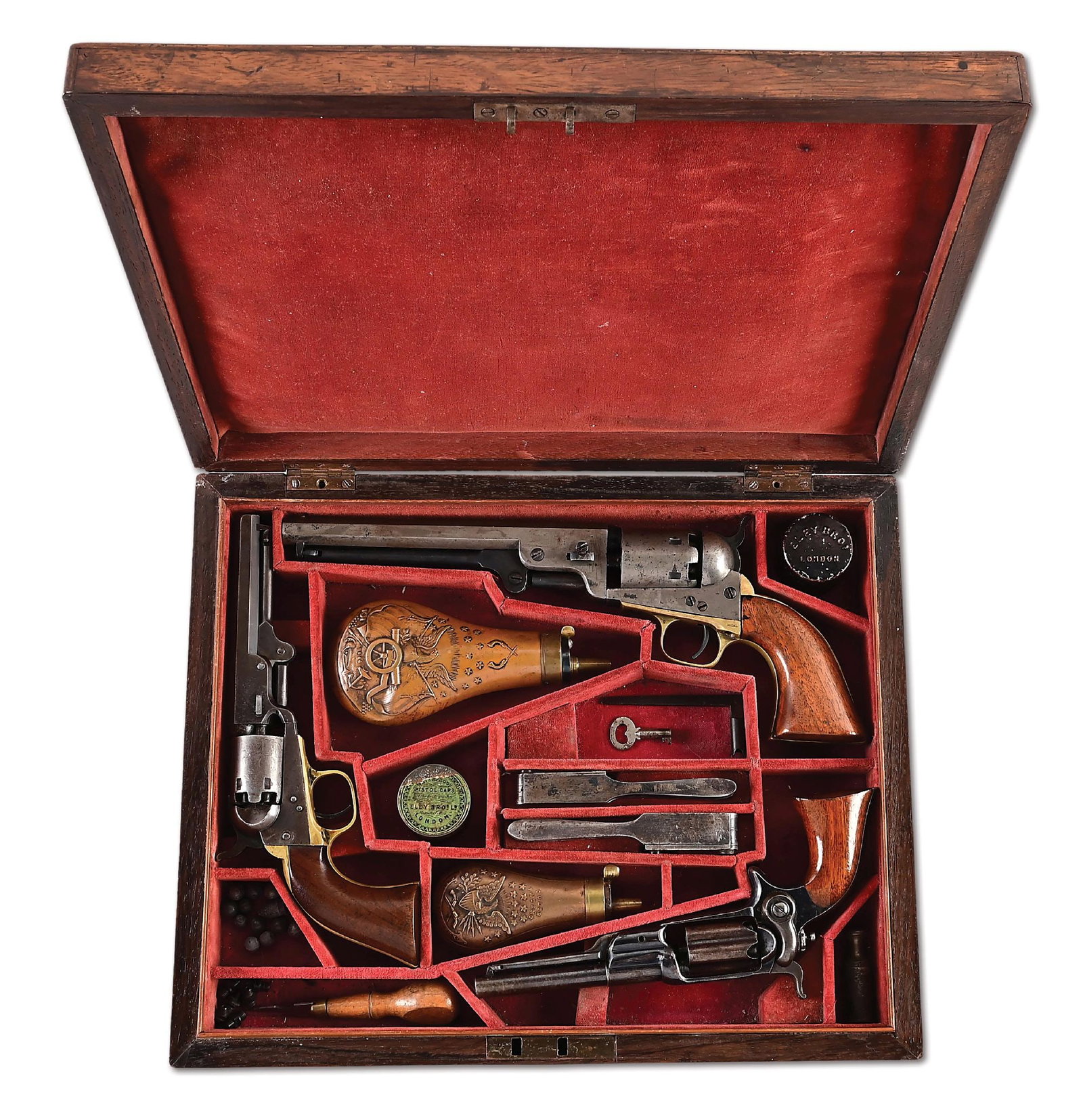 (A) TRIPLE CASED COLT MODEL 1851 NAVY, 1849 POCKET, AND 1855 ROOT PERCUSSION REVOLVERS. (1 of 17)