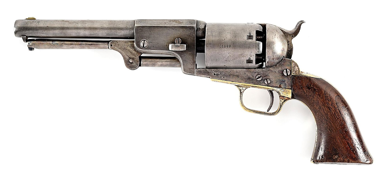(A) COLT 3RD MODEL DRAGOON PERCUSSION REVOLVER.: Manufactured in 1851. Colt 3rd Model Dragoon with blued and case color finishes, 1-piece varnished walnut stocks, silver washed oval trigger guard and back strap. US Martially marked "US" on left side