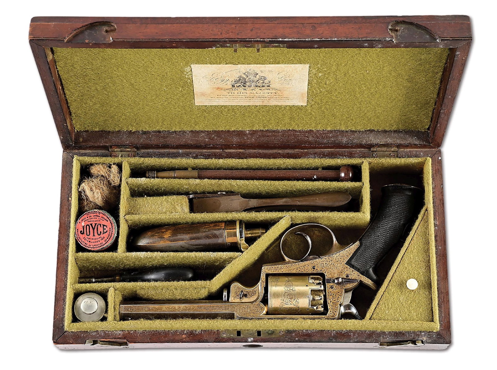 (A) BRITISH RETAILER CASED, GOLD WASH AND ENGRAVED ADAMS BEAUMONT PATENT DOUBLE ACTION REVOLVER (1 of 12)