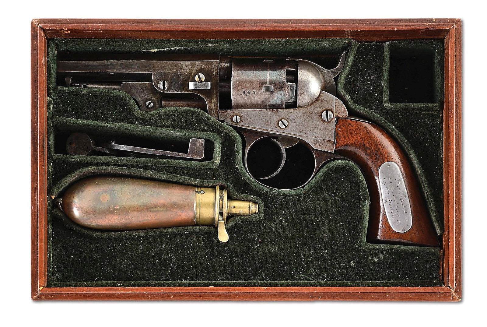 (A) PRESENTATION COOPER POCKET MODEL DOUBLE ACTION PERCUSSION REVOLVER WITH CASE.: Second model manufactured in Pittsburgh, Pennsylvania around the time of the Civil War. Blued octagon barrel with 2-line address. Matching numbers observed on the barrel, cylinder, and grip straps. Th