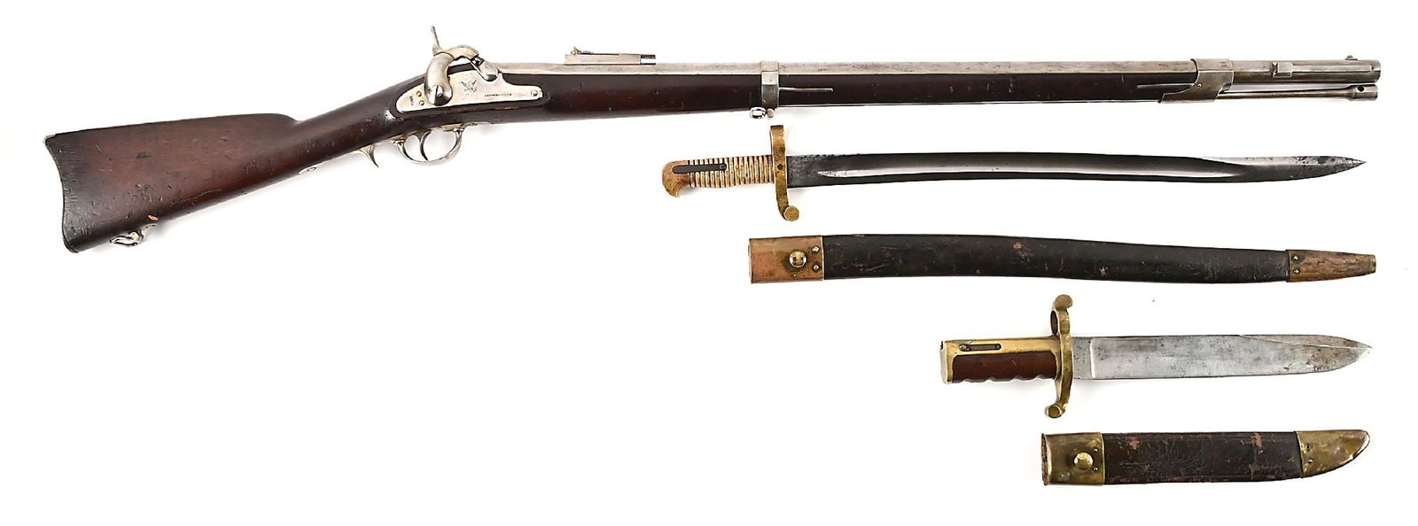 (A) FINE WHITNEYVILLE MODEL 1861 PLYMOUTH RIFLE WITH BAYONETS. (1 of 12)