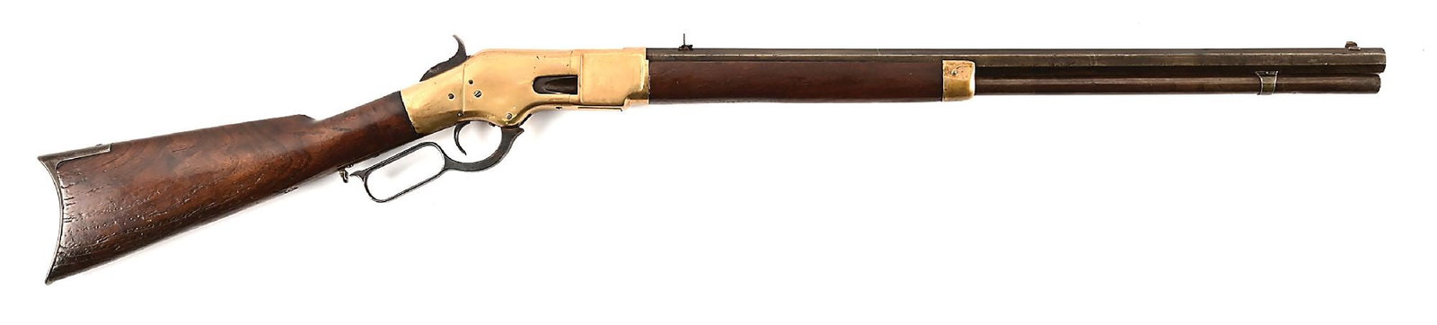 (A) WINCHESTER MODEL 1866 LEVER ACTION RIFLE.: Circa 1874 3rd model rifle. Octagon barrel roll marked with 2-line Winchester address and King's Patent. Dovetailed German silver blade front sight and 2-leaf rear sight which is dovetailed into the b