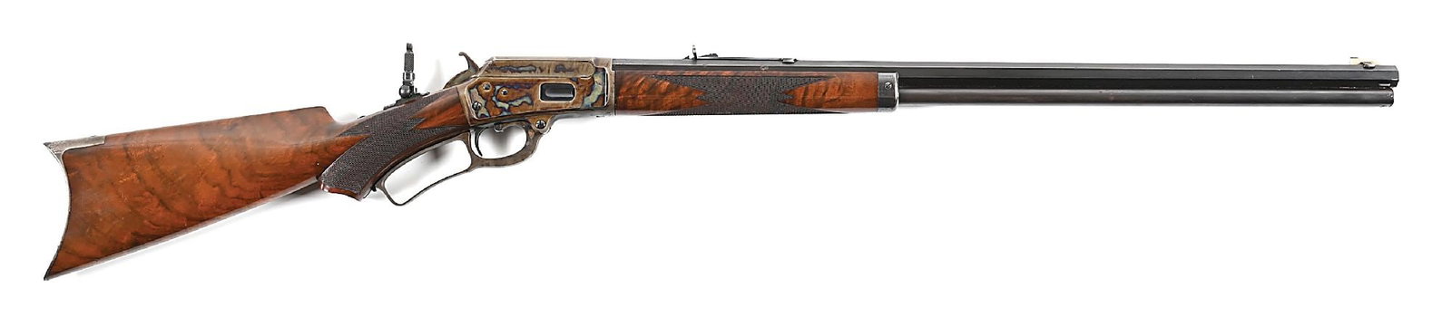 (A) MAGNIFICENT DELUXE MARLIN MODEL 1889 LEVER ACTION RIFLE.: This truly outstanding and scarce rifle sports a special order 26" blued octagon barrel with 2-line address and ".38-W." caliber stamp. Fitted with Rocky Mountain sights and a flip up tang aperture si