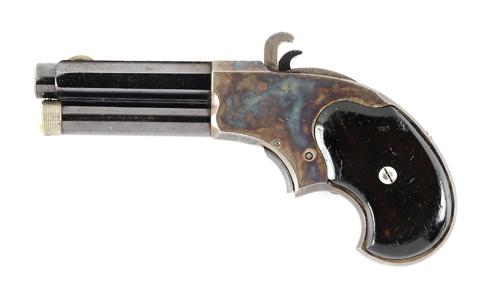 (A) OUTSTANDING BLUE & CASE COLOR REMINGTON-RIDER MAGAZINE PISTOL.: These were produced from 1871 through 1888. It is an under barrel magazine fed pistol with exposed hammer, case color frame, spur trigger and walnut grip panels. The top of the octagon barrel exhibits