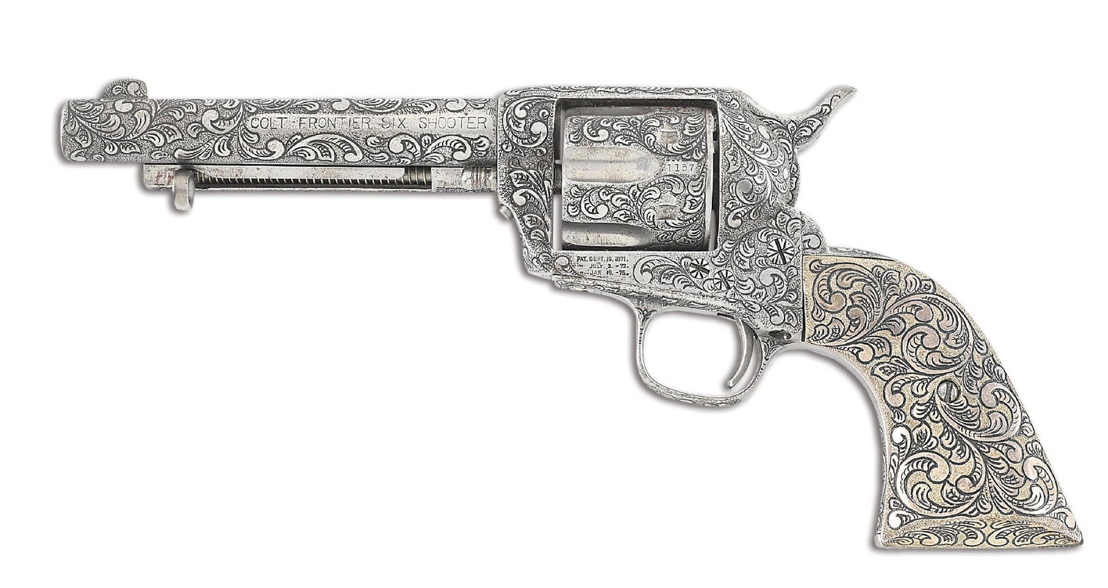 (A) COLT FRONTIER SIX SHOOTER SINGLE ACTION ARMY REVOLVER ENGRAVED BY N.C. FOSTER: Manufactured by Colt in 1879 features all matching numbers and a clear three line patent dates on the frame. The revolver exhibits full coverage scroll engraving with a punch dot background. The barre