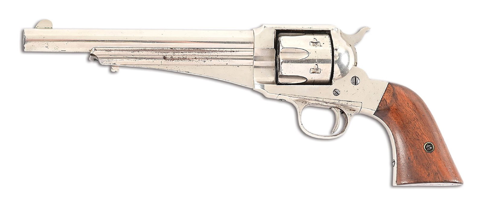 (A) REMINGTON MODEL 1875 SINGLE ACTION 44-40 REVOLVER.: Produced from 1875 through 1889. A popular old west revolver favored by Frank James. This is a second type where the caliber 44 is stamped on rear right trigger bow having originally been stamped on l