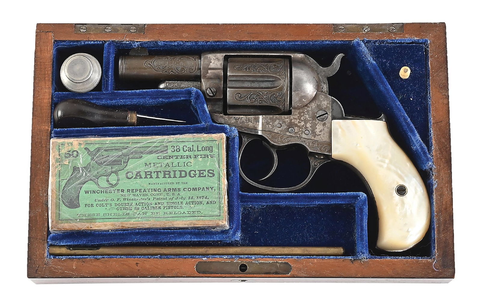(A) CASED AND ENGRAVED COLT MODEL 1877 STOREKEEPER LIGHTNING .38 COLT DOUBLE ACTION REVOLVER (1891).: Manufactured 1891 in 38 Colt. Blue & color case hardened with rare 2 - 1/2" barrel, half moon front sight and 2-line address with usual markings on left side. Left side of frame has 3-line patent date